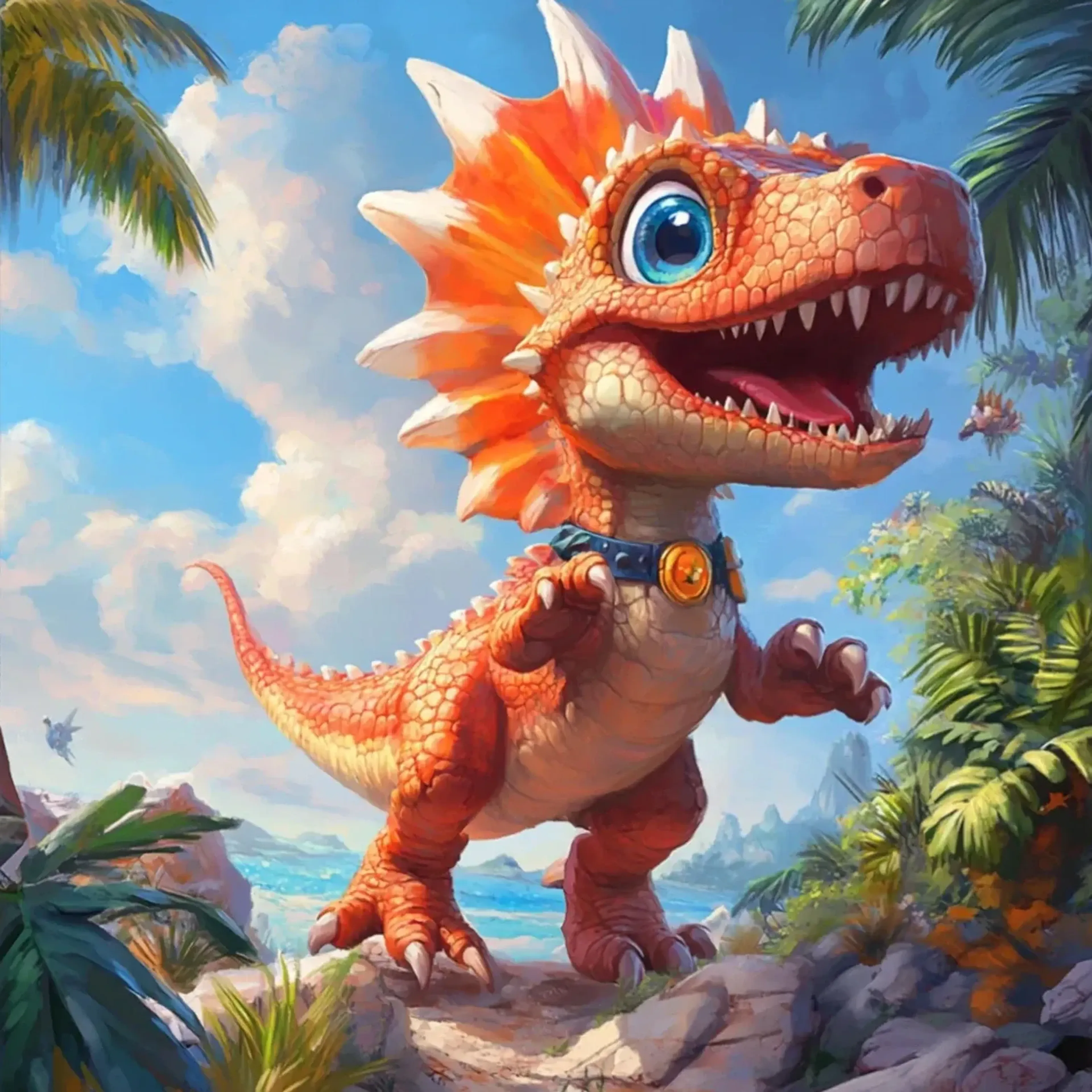Dino mit orangefarbenem Fächer – Motiv als Wandbild auf Holz