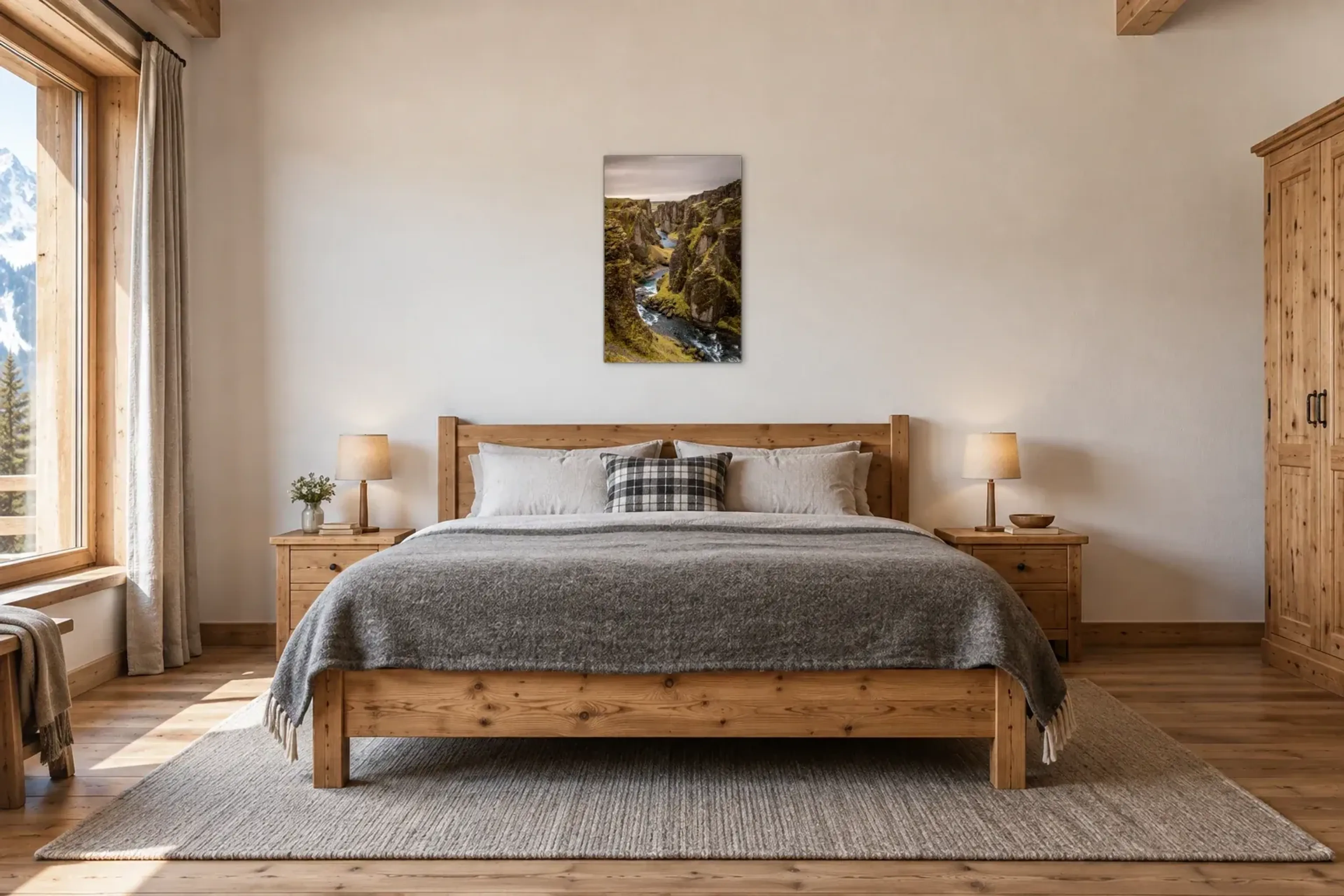 Fluss zwischen grünen Felsen als Wandbild über einem 180-cm-Bett