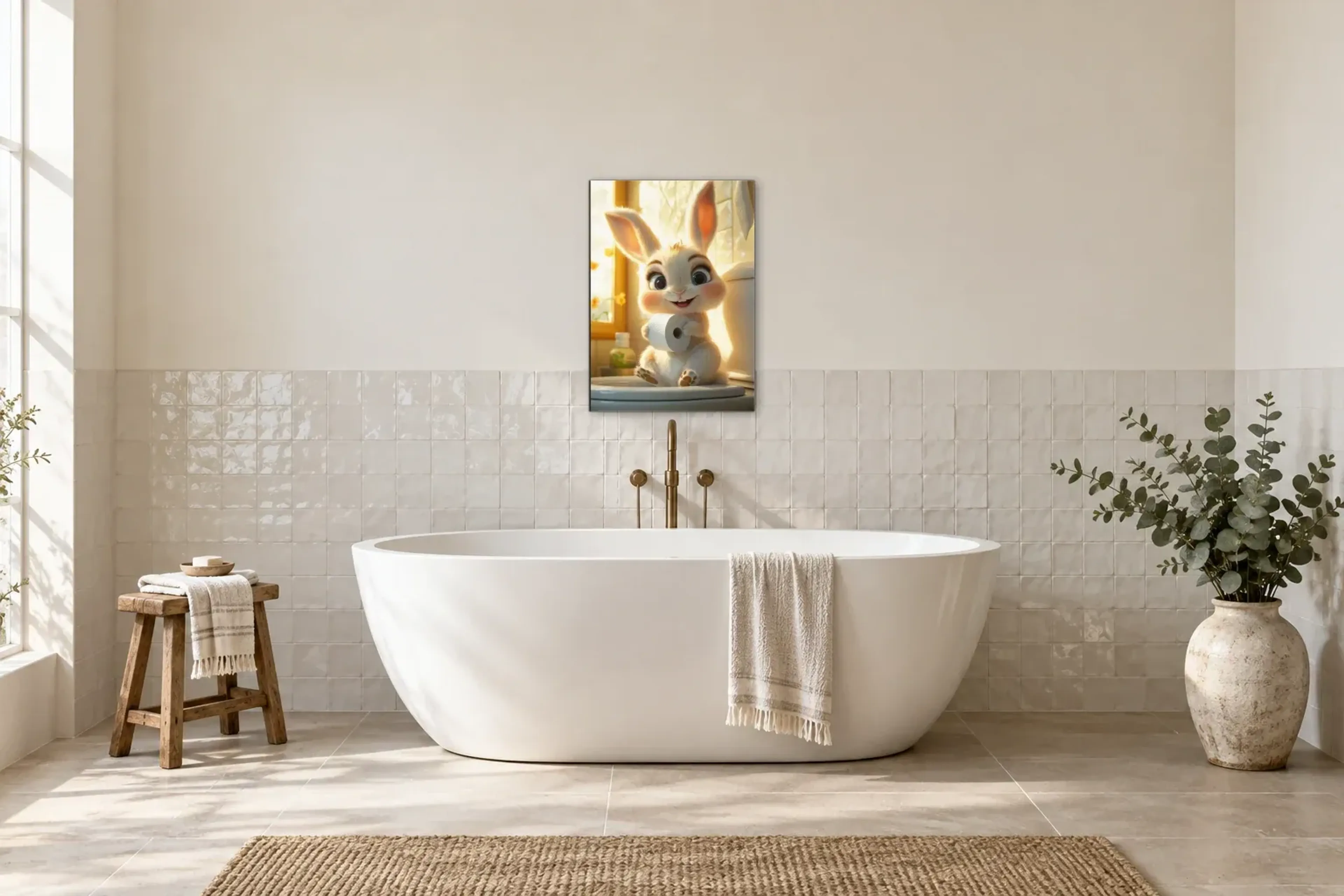 Hase im Sonnenlicht als Wandbild über einer 170-cm-Badewanne