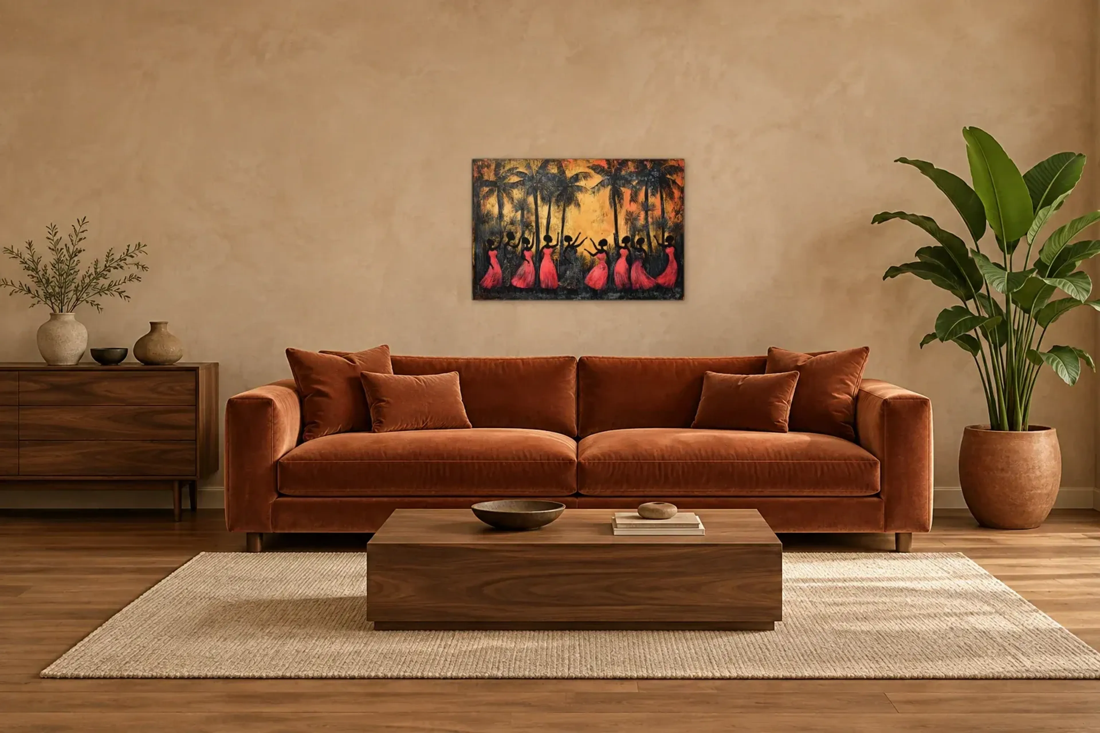 Tanz unter Palmen als Wandbild über einem 220-cm-Sofa