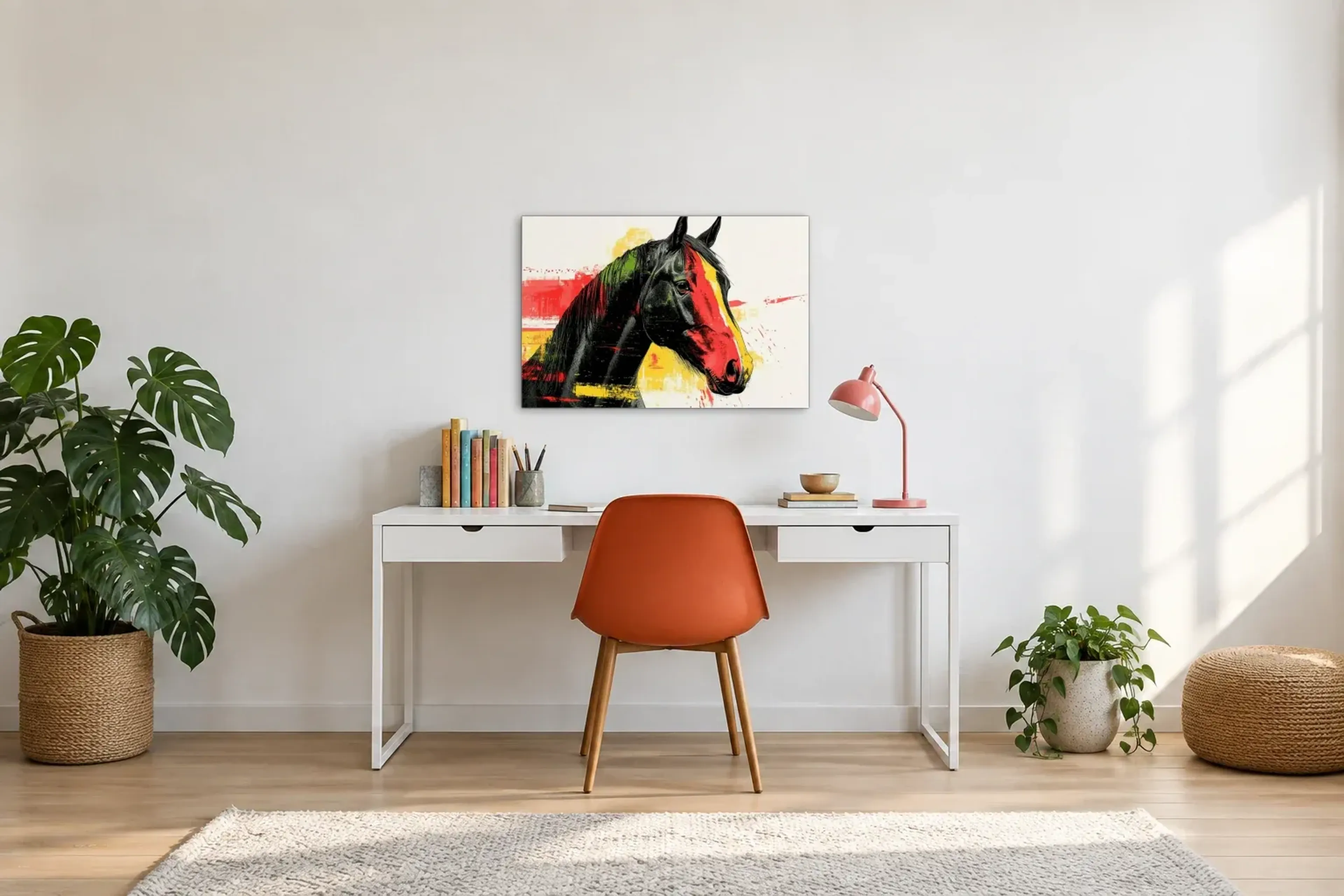 Pferd mit roter Stirn als Wandbild über einem 140-cm-Schreibtisch