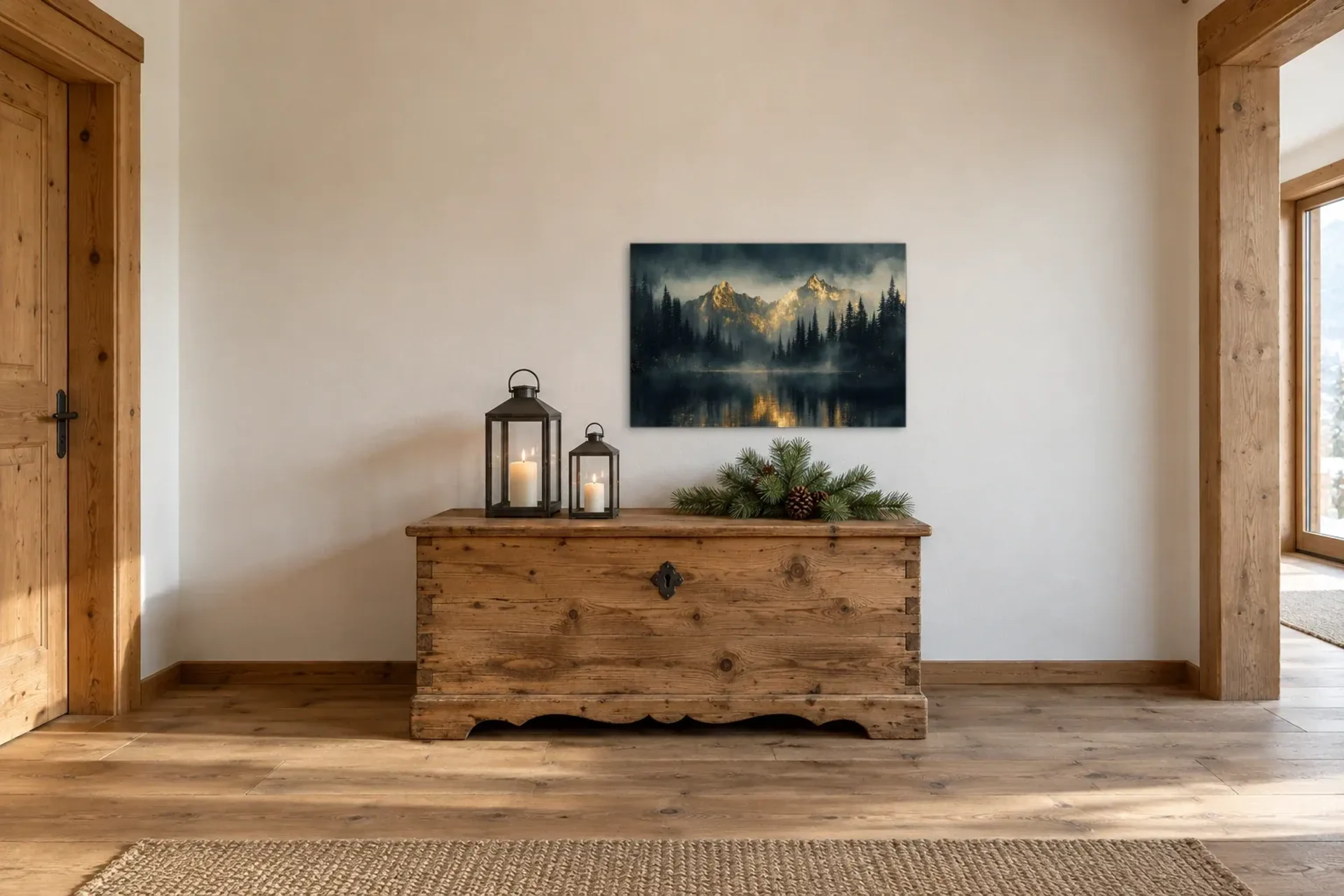 Goldener Berg als Wandbild über einer 140-cm-Truhe