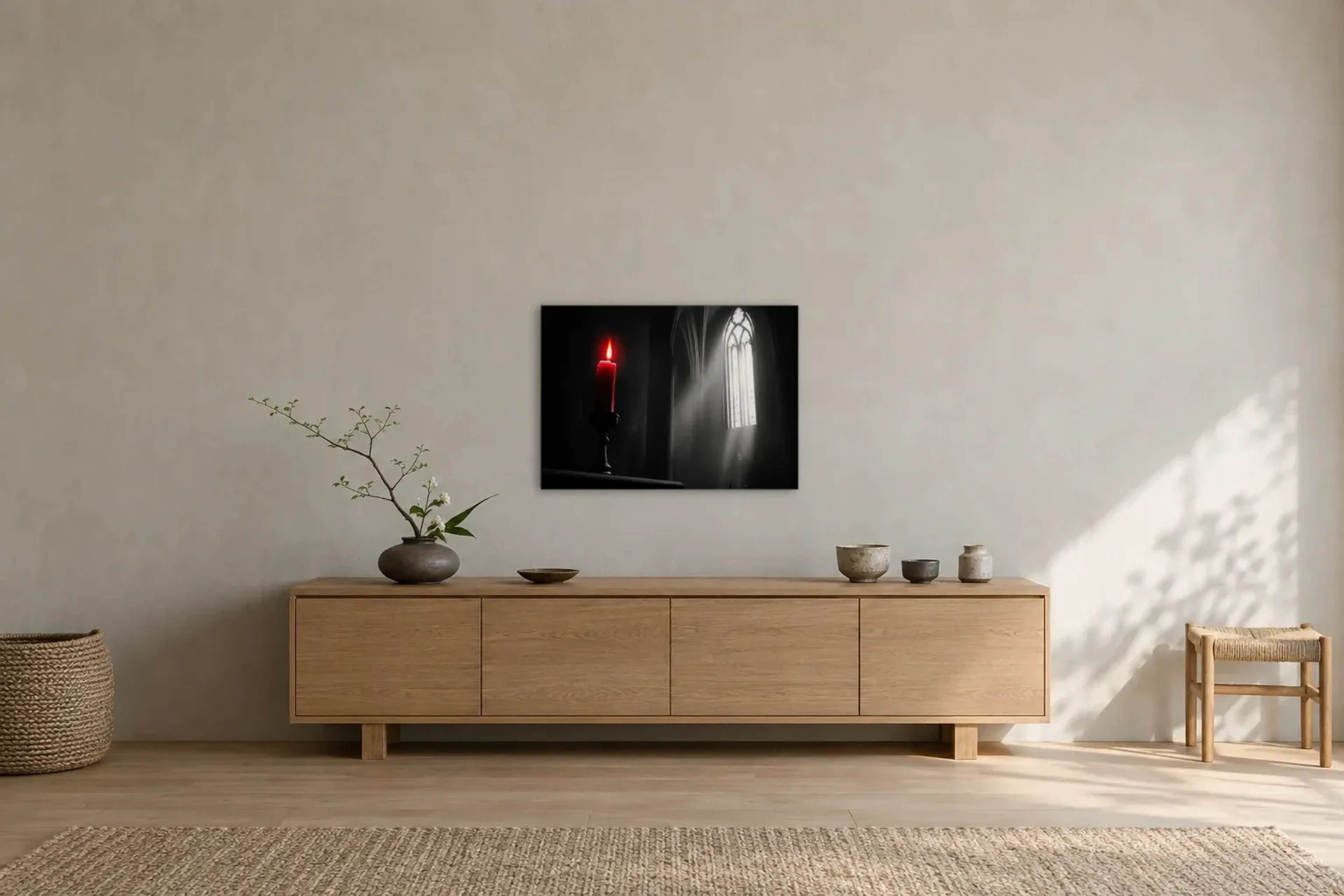Kerze im Fensterlicht als Wandbild über einem 180-cm-Sideboard