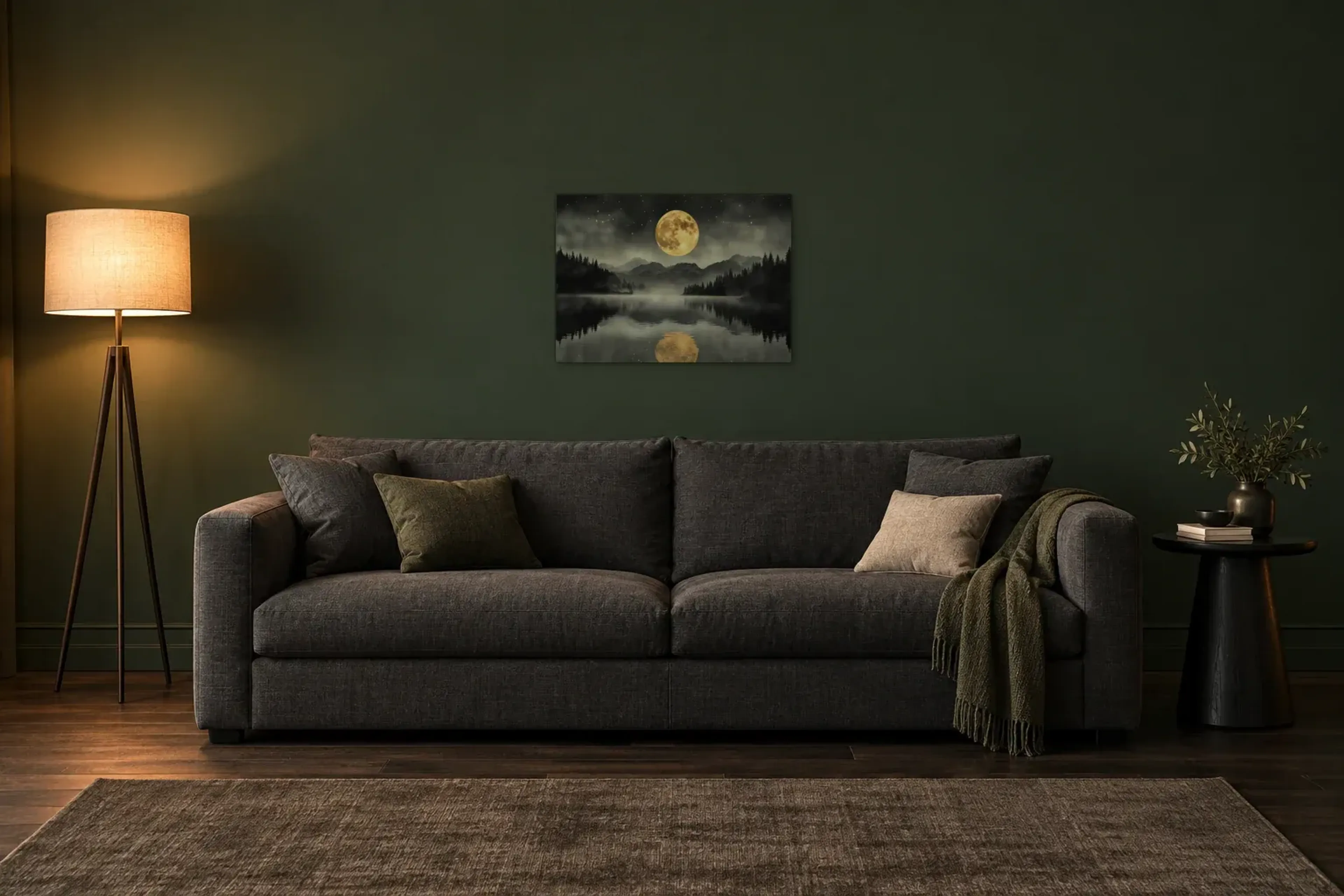 Goldmond über dem See als Wandbild über einem 220-cm-Sofa