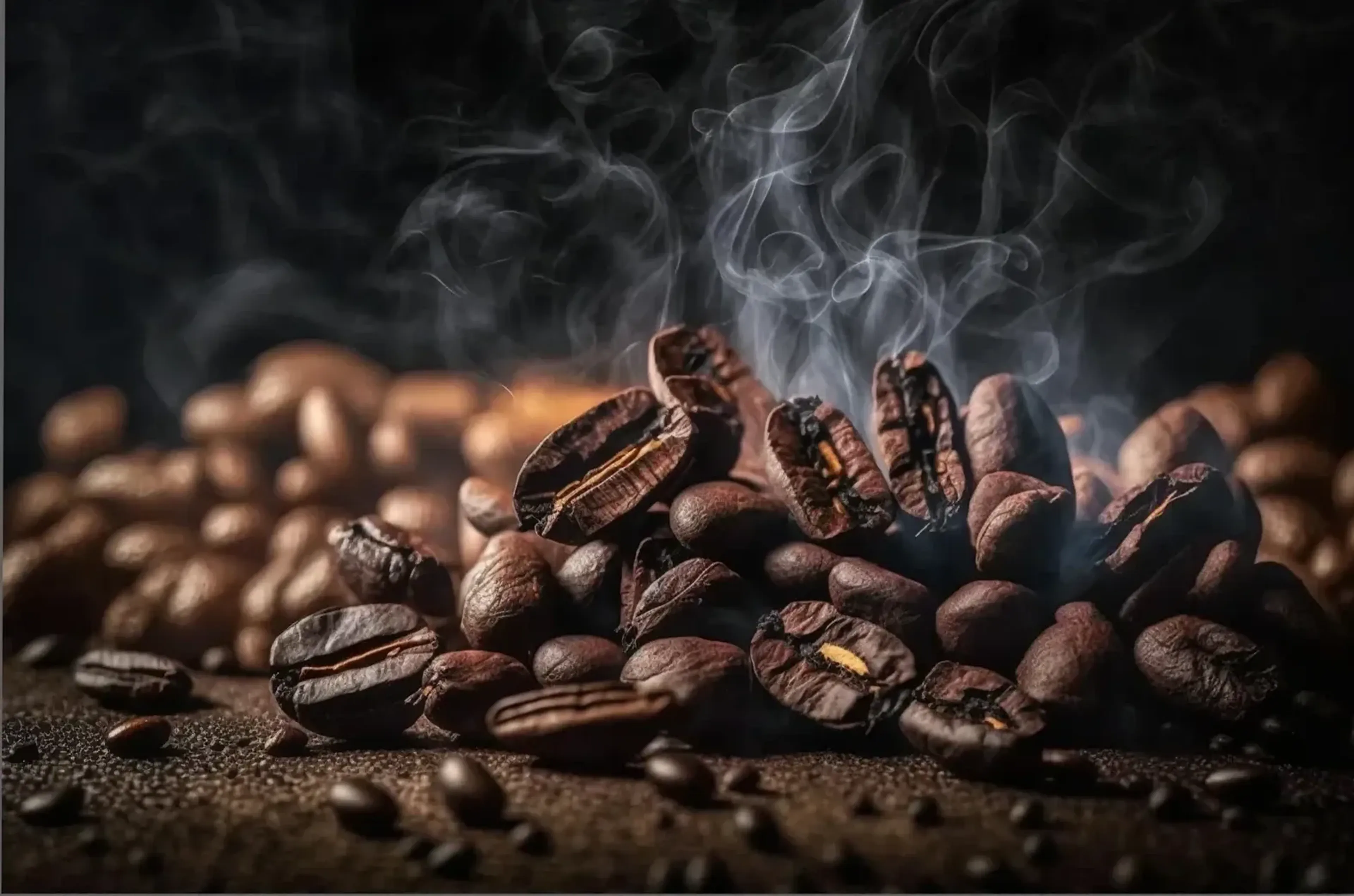 Dunkelbraune Kaffeebohnen liegen im warmen Licht, darüber steigen helle Rauchschleier auf.