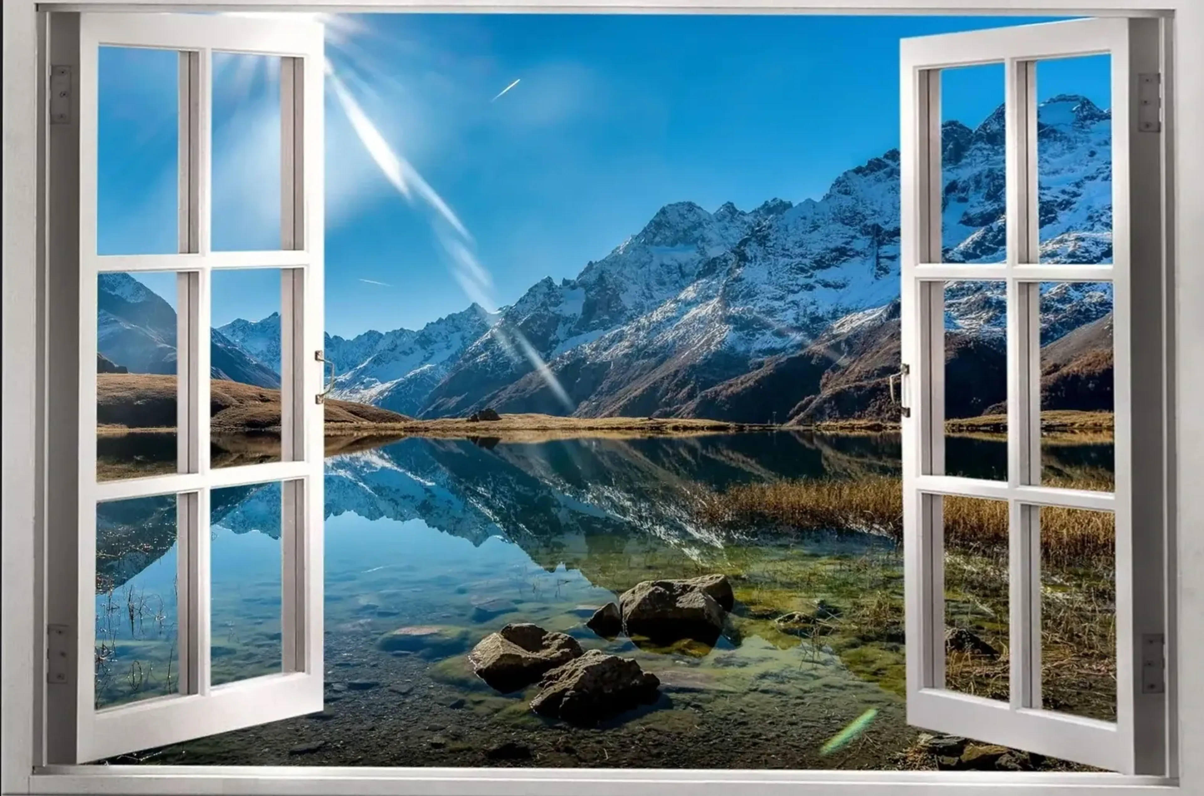 Offenes weißes Fenster mit Blick auf einen klaren Bergsee, Steine am Ufer und schneebedeckte Gipfel.