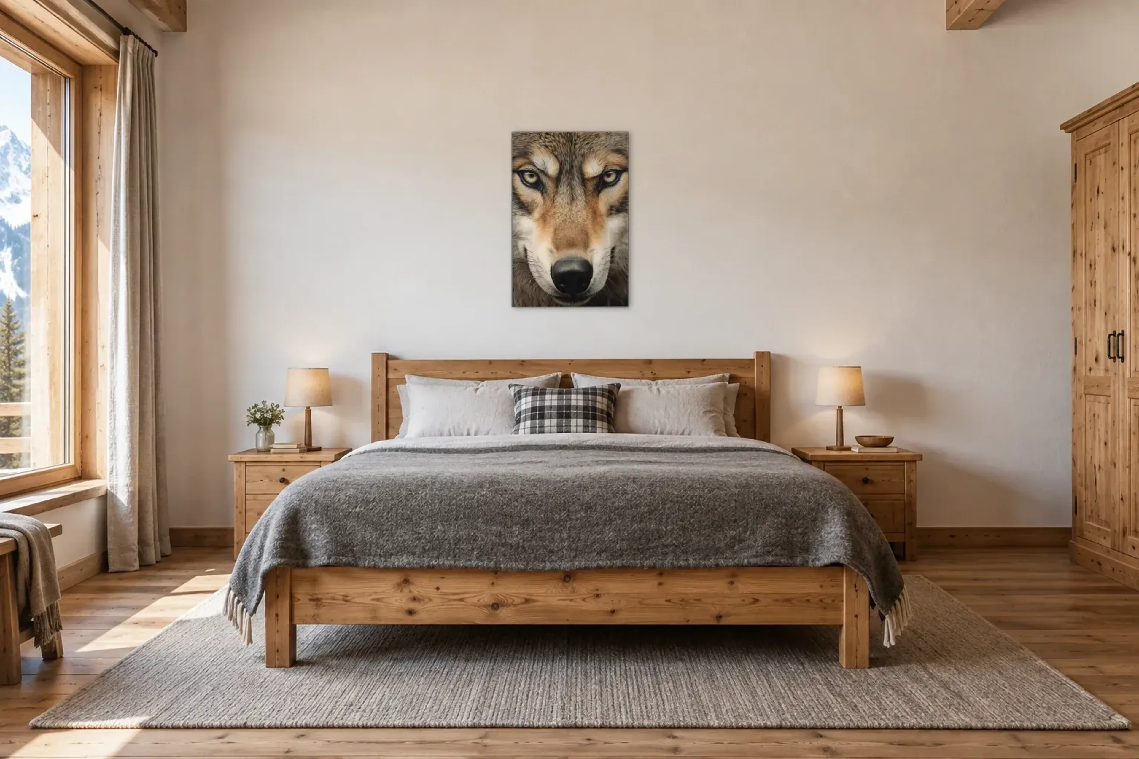 Wolf Nahaufnahme als Wandbild über einem 180-cm-Bett