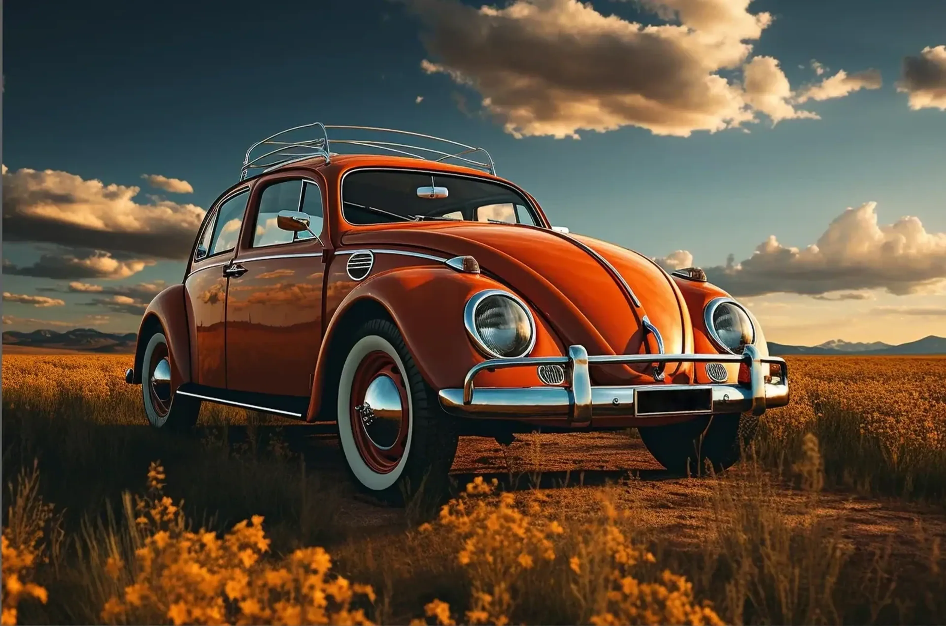 Orangefarbener VW Käfer mit Dachgepäckträger auf einem Feldweg unter einem wolkigen Abendhimmel.