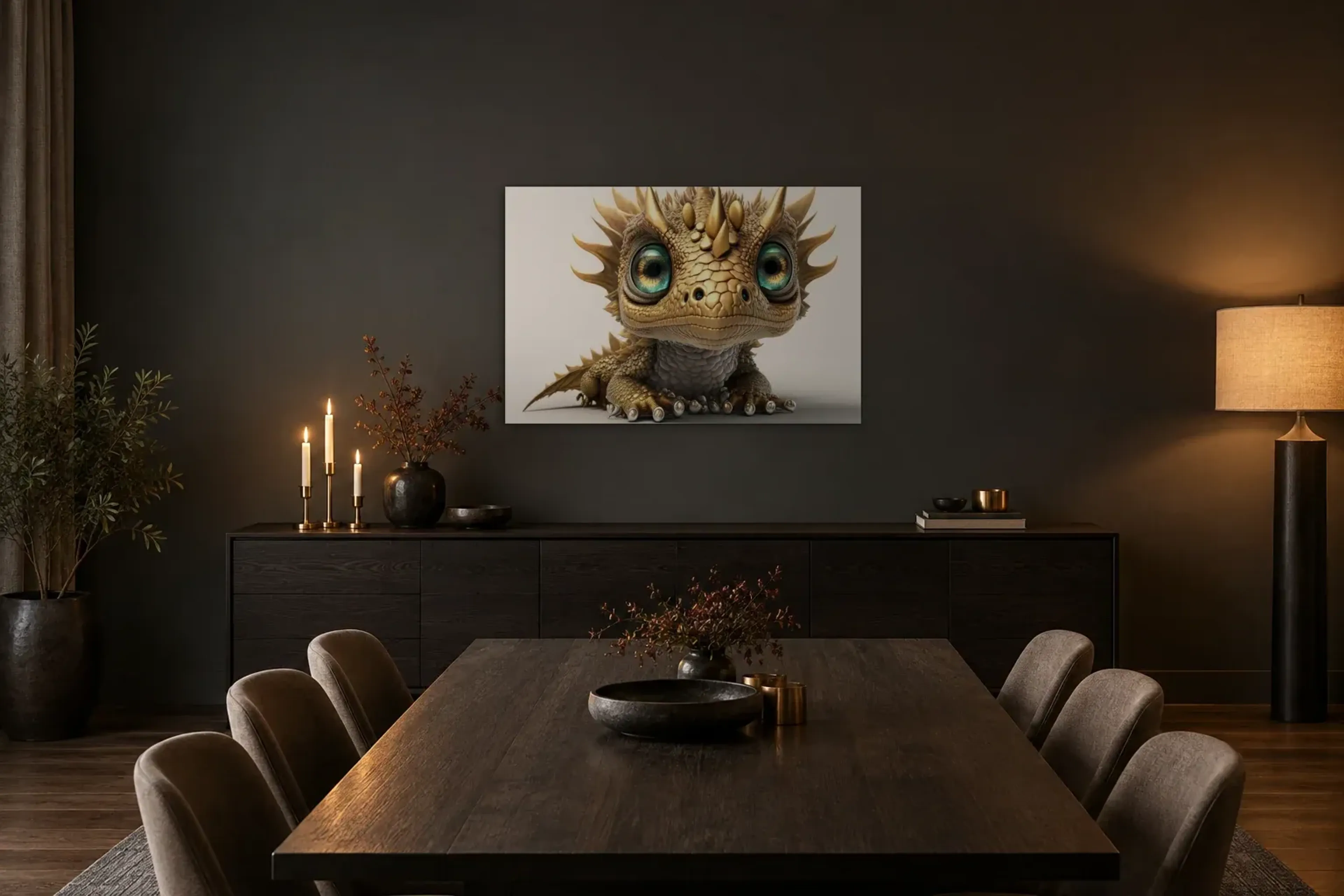 Goldener Babydrache als Wandbild über einem 180-cm-Sideboard