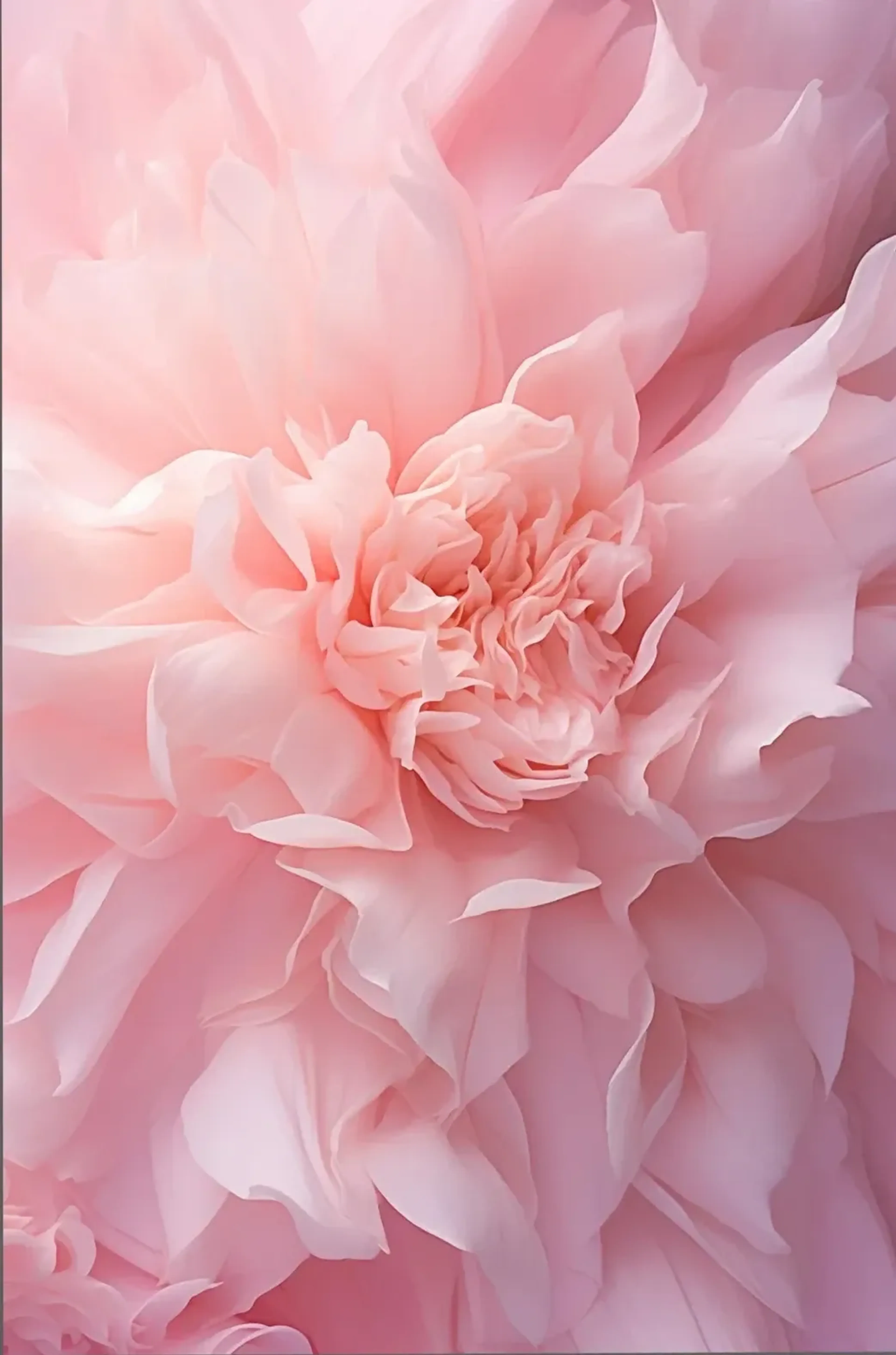 Nahaufnahme einer dicht gefüllten rosa Blüte mit gewellten Blütenblättern und weichen Schatten.