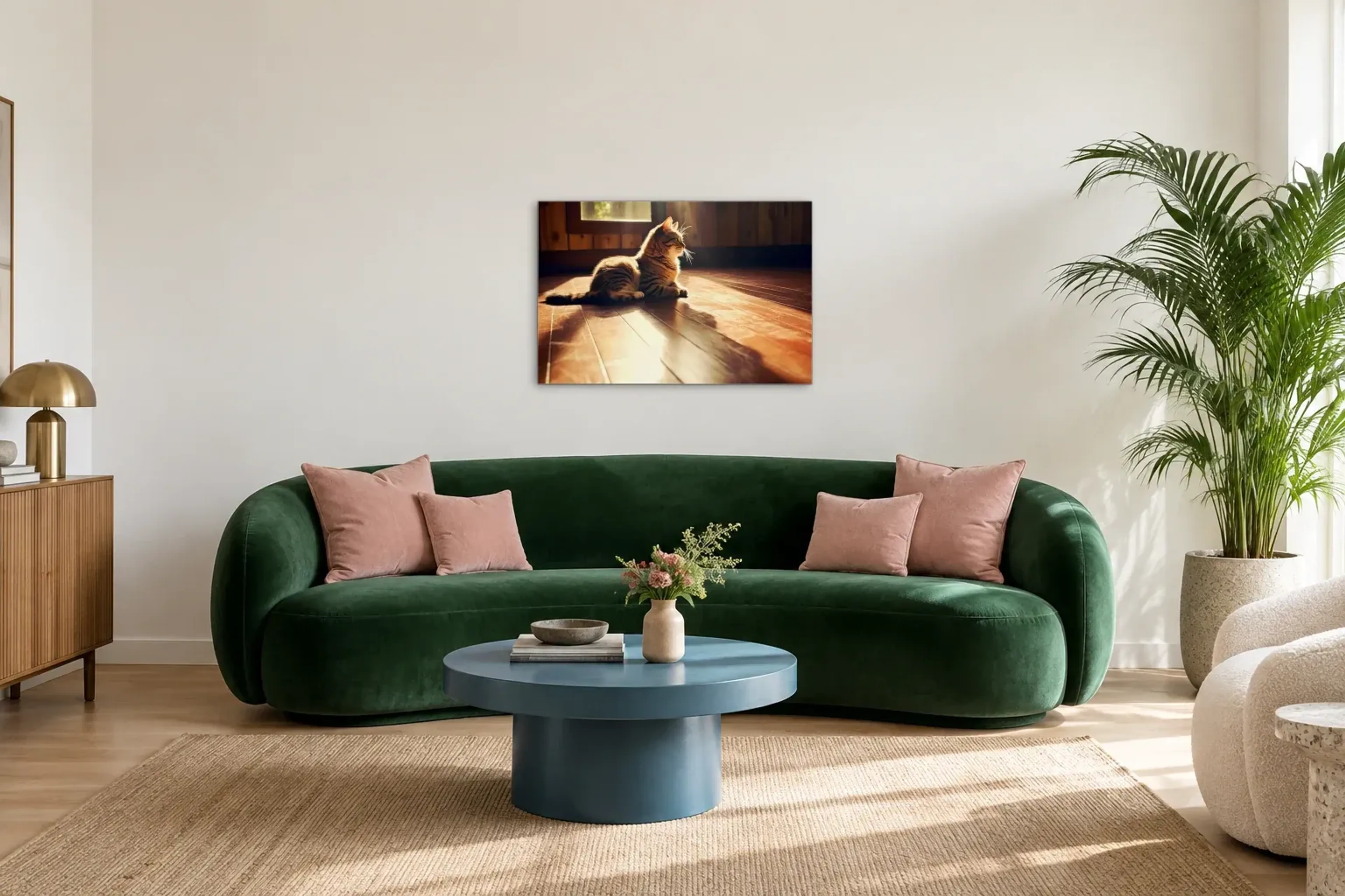 Katze im Sonnenlicht als Wandbild über einem 220-cm-Sofa