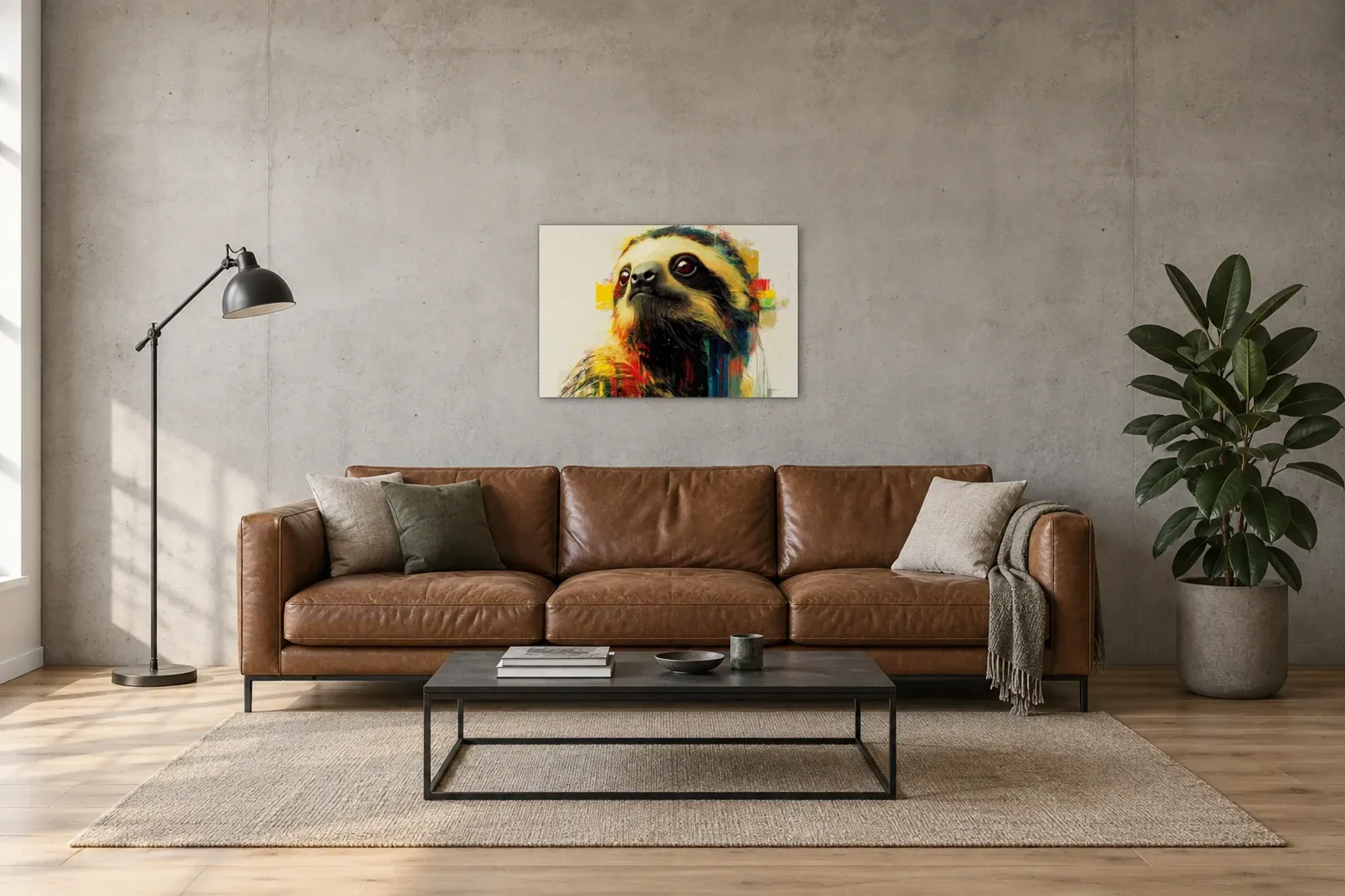 Faultier mit weitem Blick als Wandbild über einem 220-cm-Sofa
