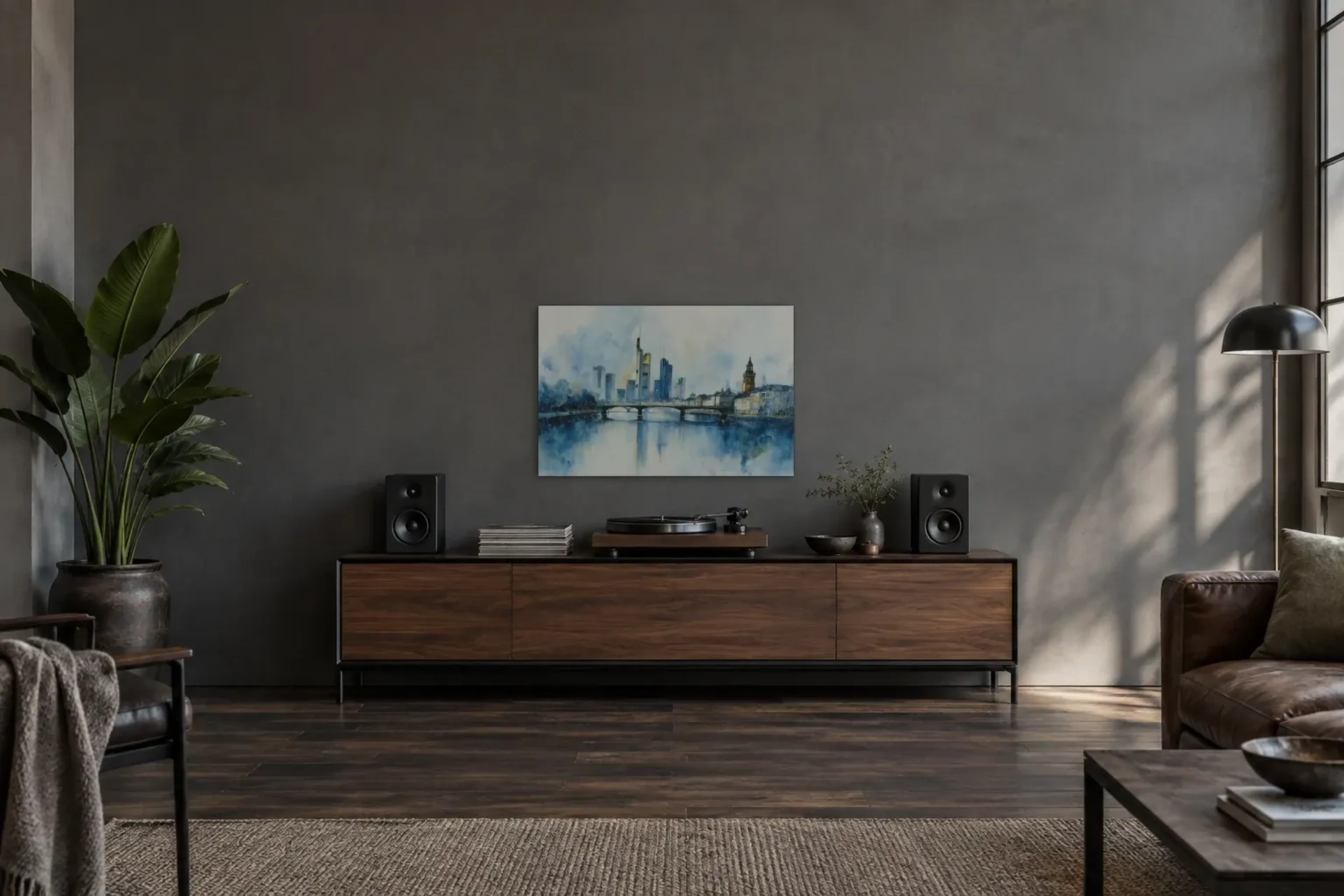 Frankfurts Brücke in Blau als Wandbild über einem 200-cm-Sideboard
