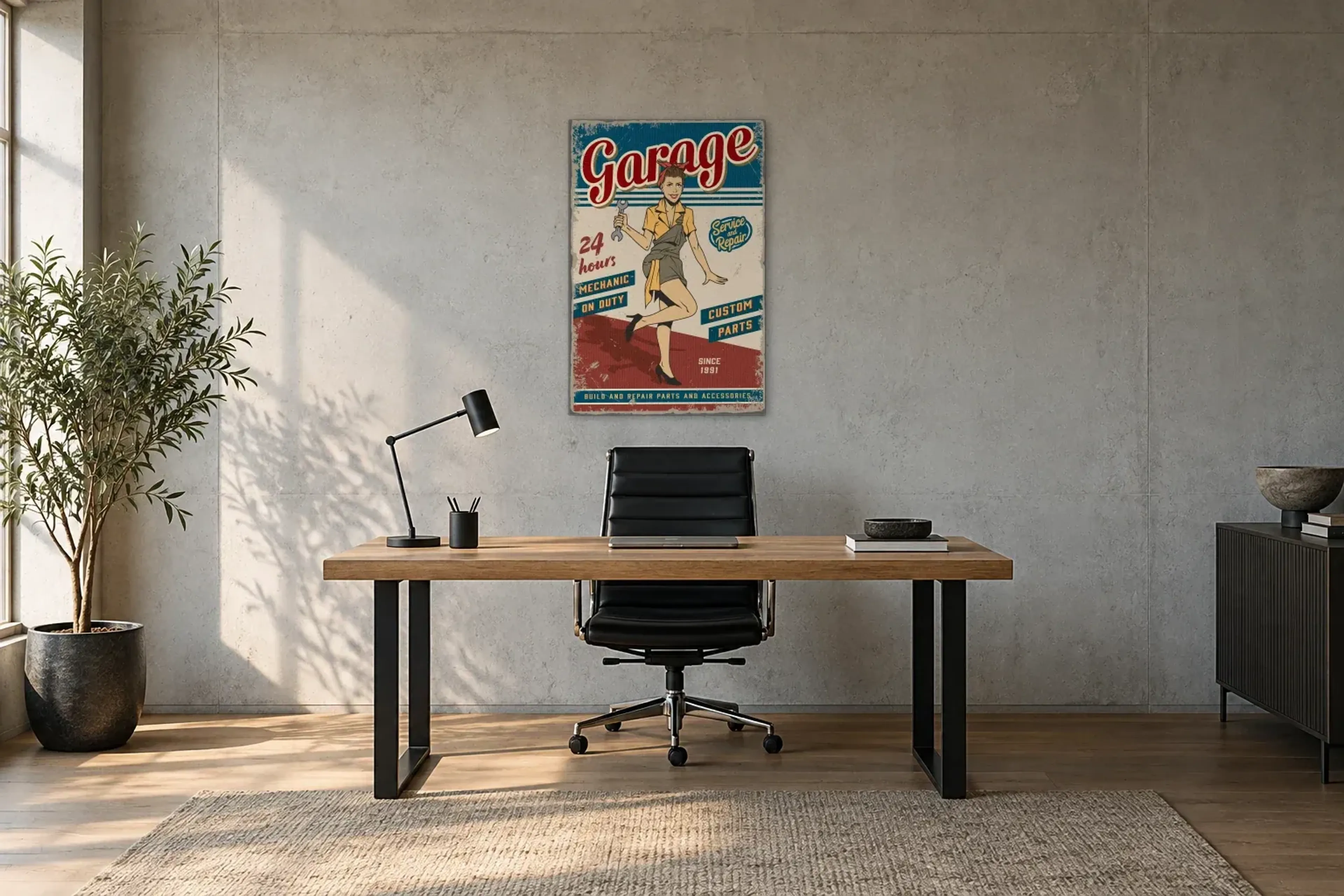 Garage 24h als Wandbild über einem 160-cm-Schreibtisch