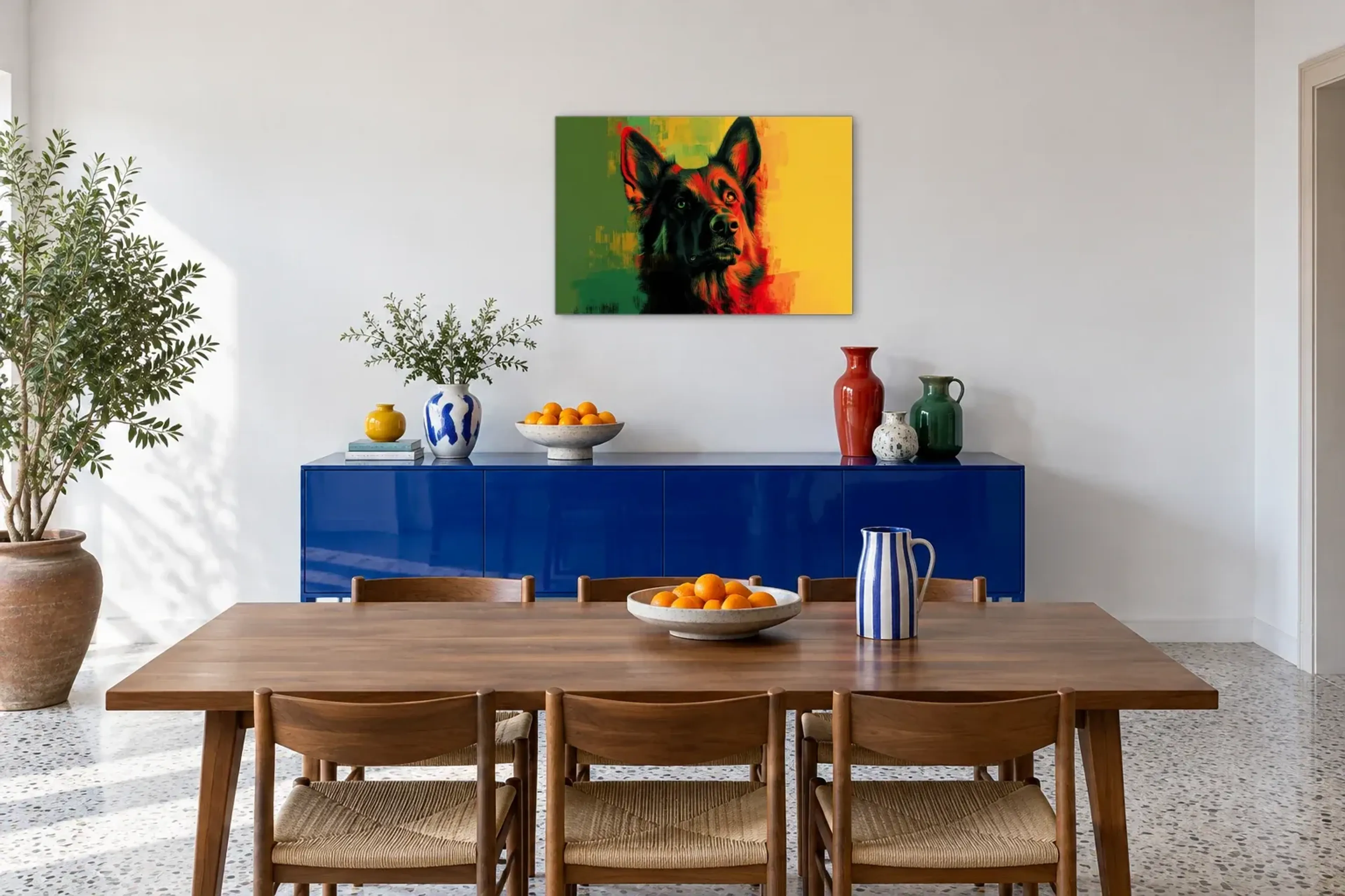 Schäferhund im Farbkontrast als Wandbild über einem 180-cm-Sideboard