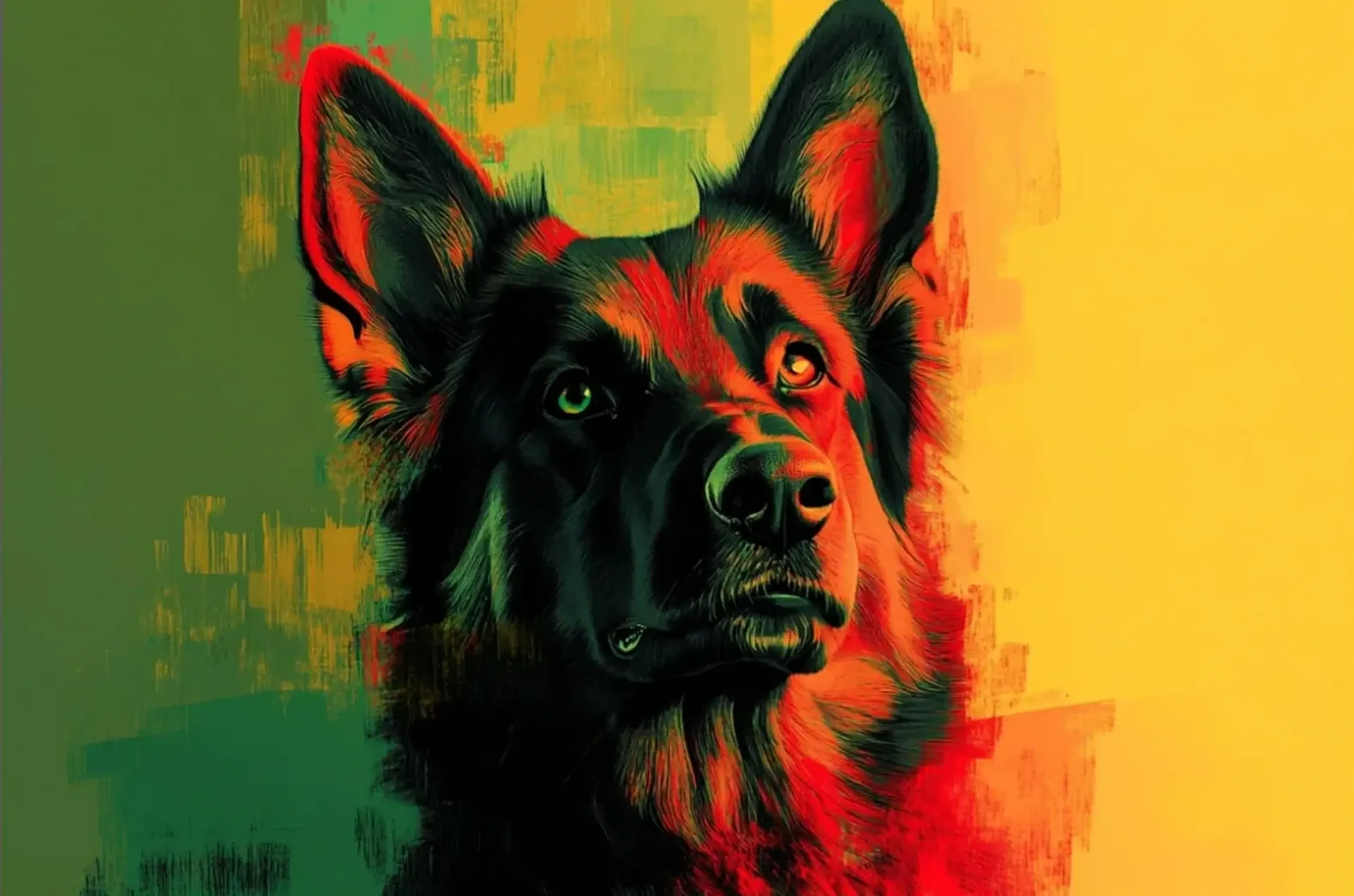 Schäferhund im Farbkontrast – Motiv als Wandbild auf Holz