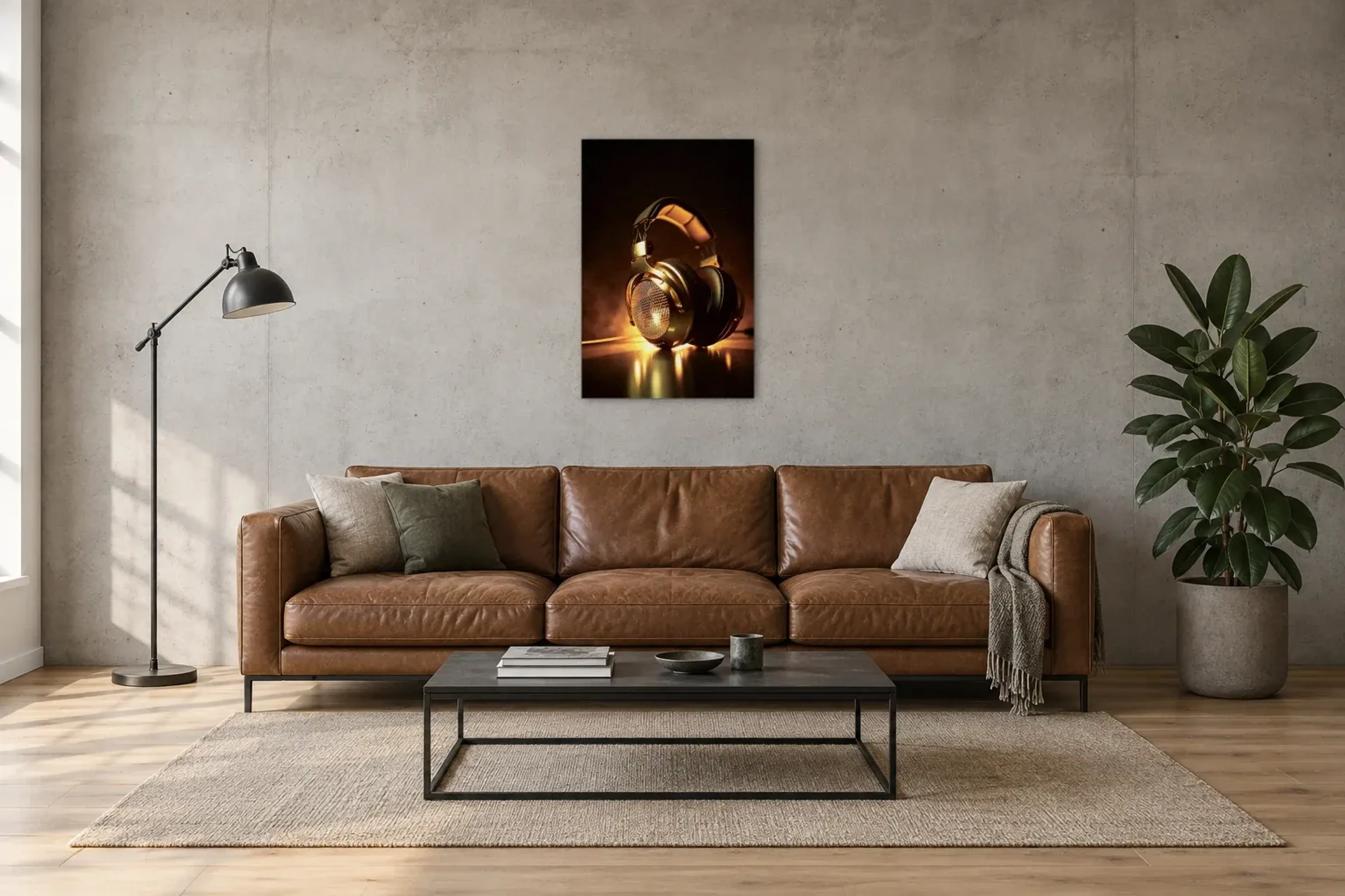 Goldene Kopfhörer als Wandbild über einem 220-cm-Sofa
