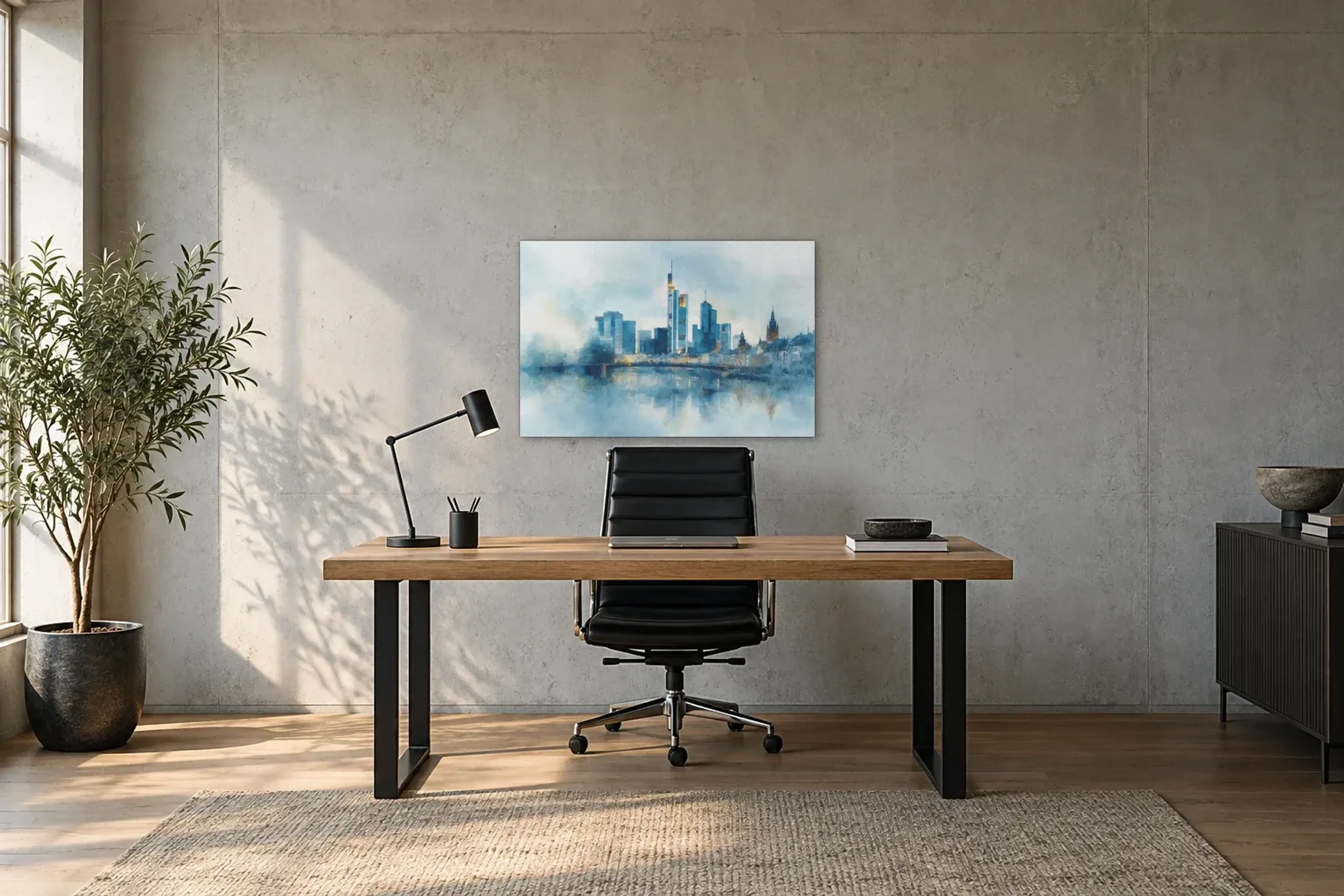 Frankfurt im blauen Dunst als Wandbild über einem 160-cm-Schreibtisch