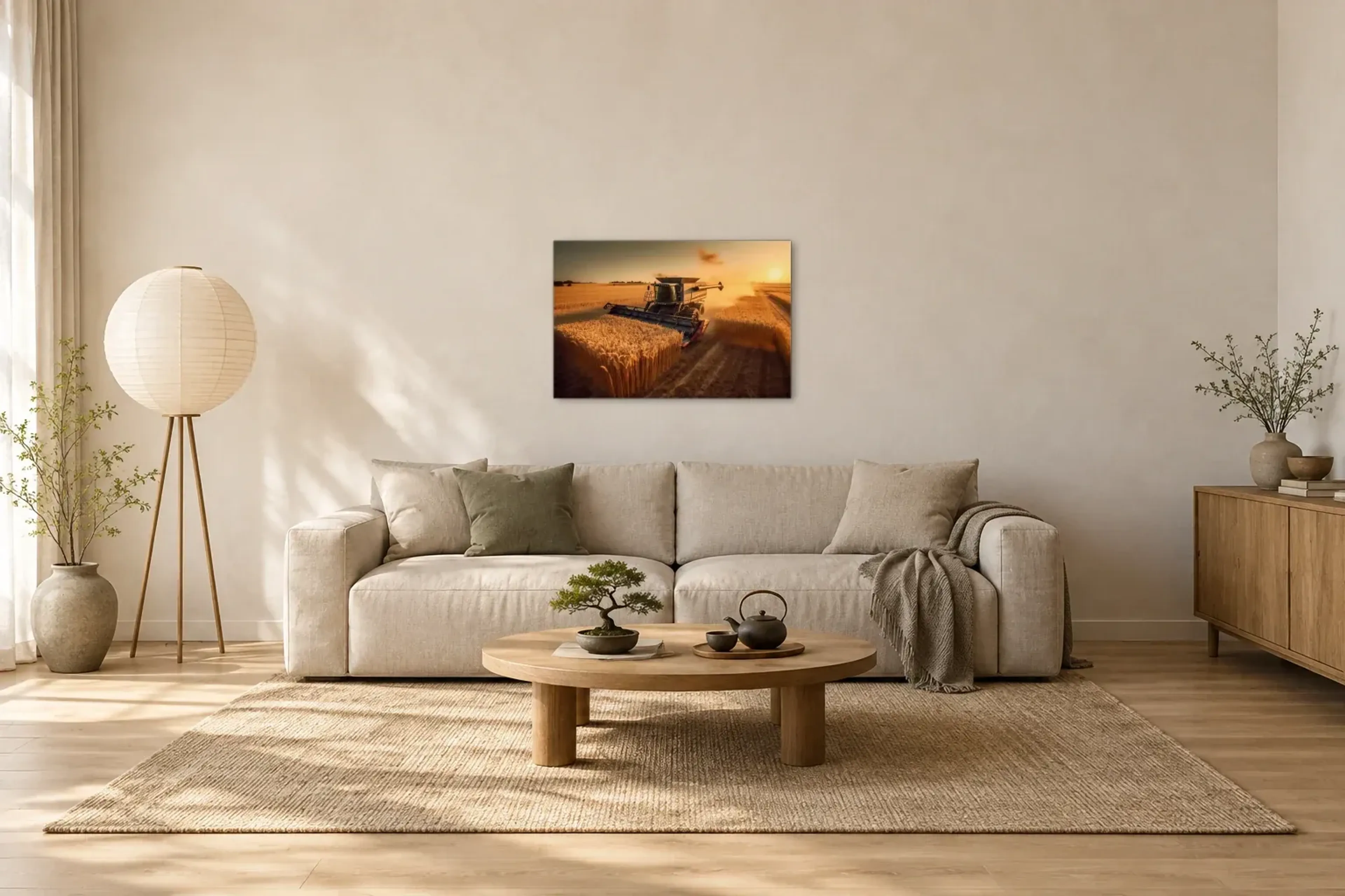 Ernte im Abendlicht als Wandbild über einem 220-cm-Sofa
