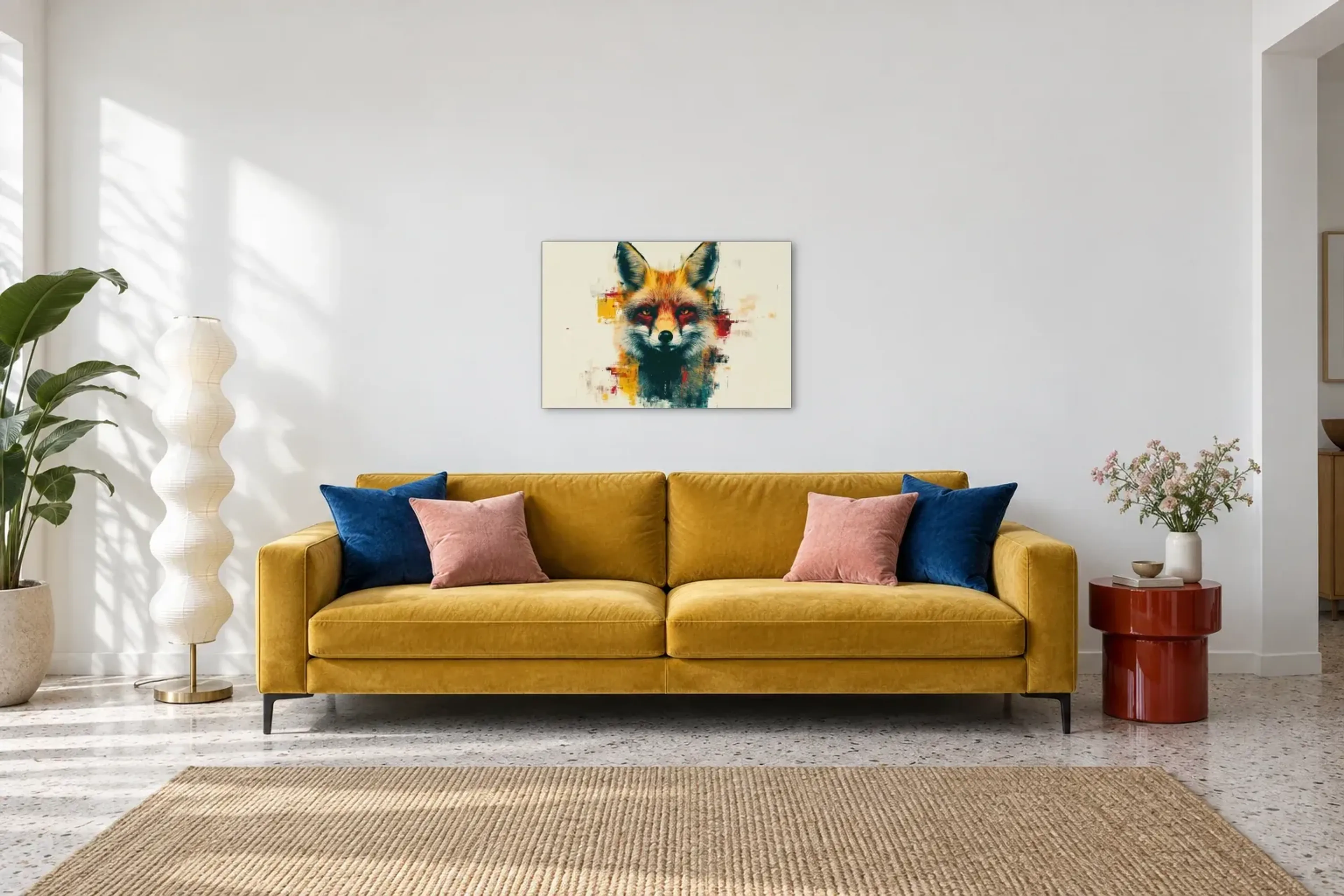 Fuchs auf Creme als Wandbild über einem 220-cm-Sofa