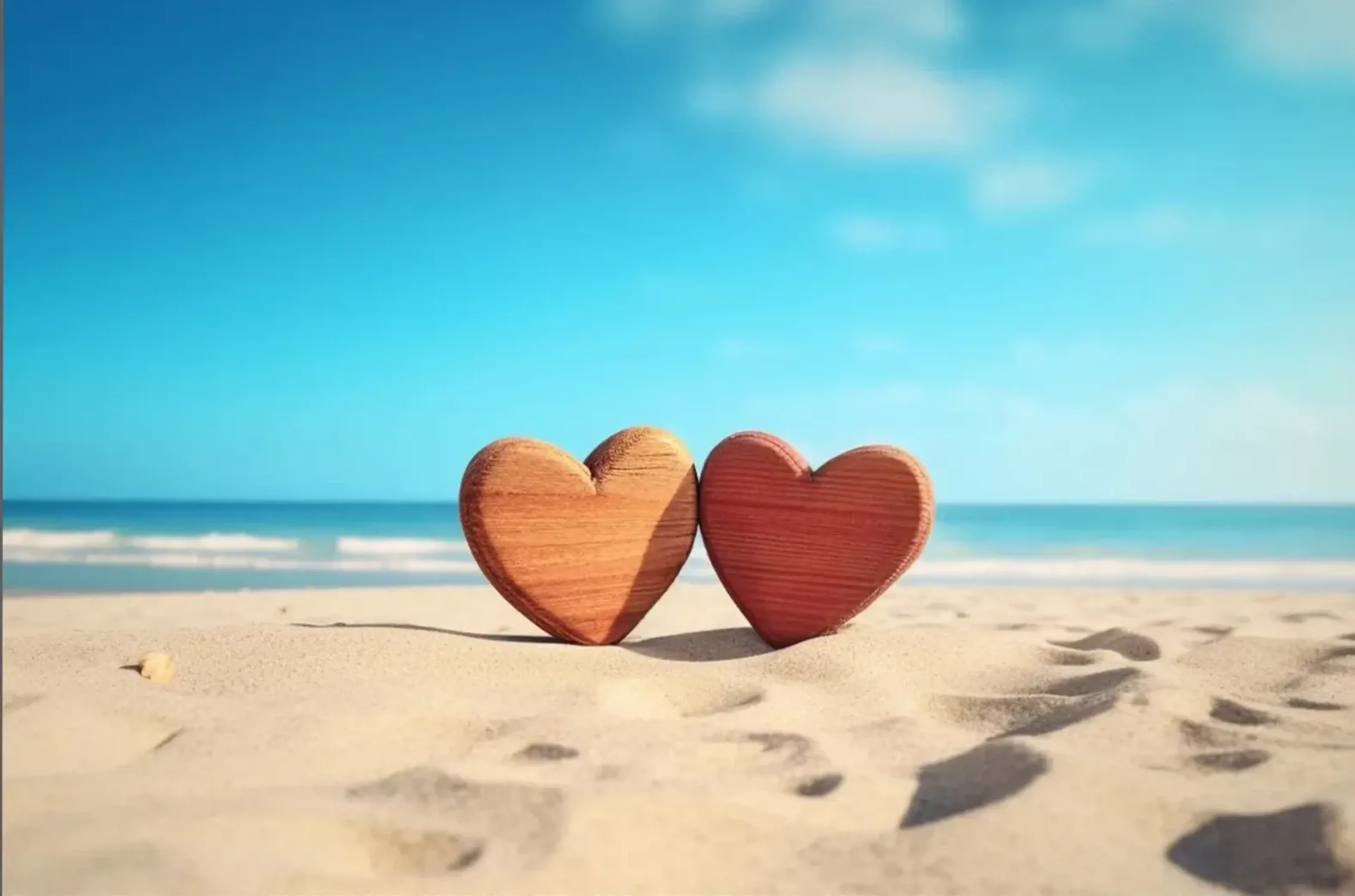 Zwei Holzherzen stehen im sonnigen Sand vor blauem Meer und türkisfarbenem Himmel.