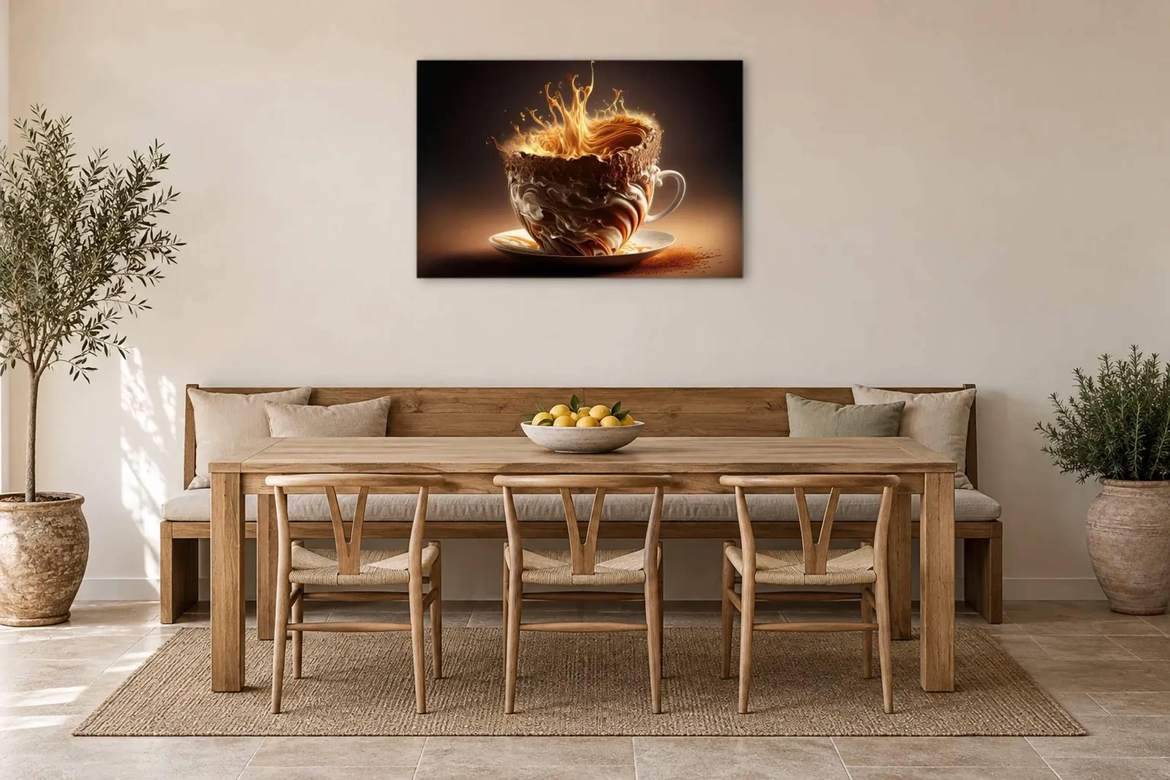 Kaffee in Bewegung als Wandbild über einer 200-cm-Sitzbank