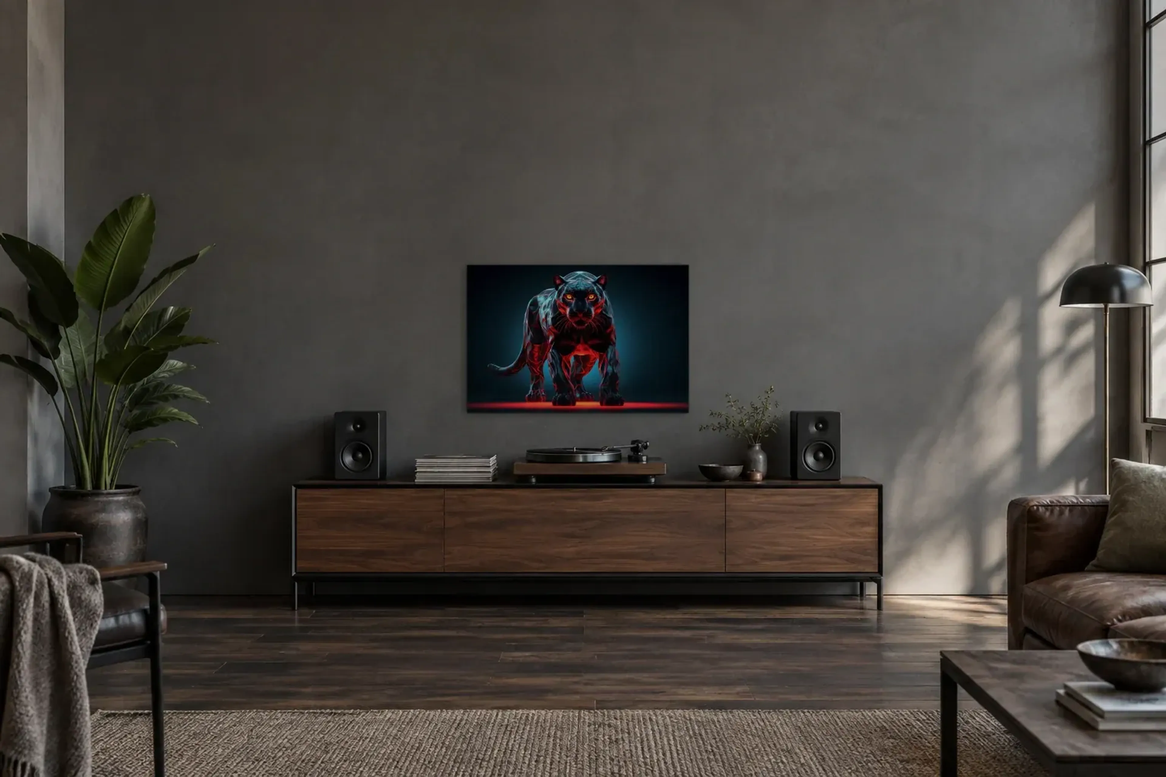 Tiger frontal als Wandbild über einem 200-cm-Sideboard