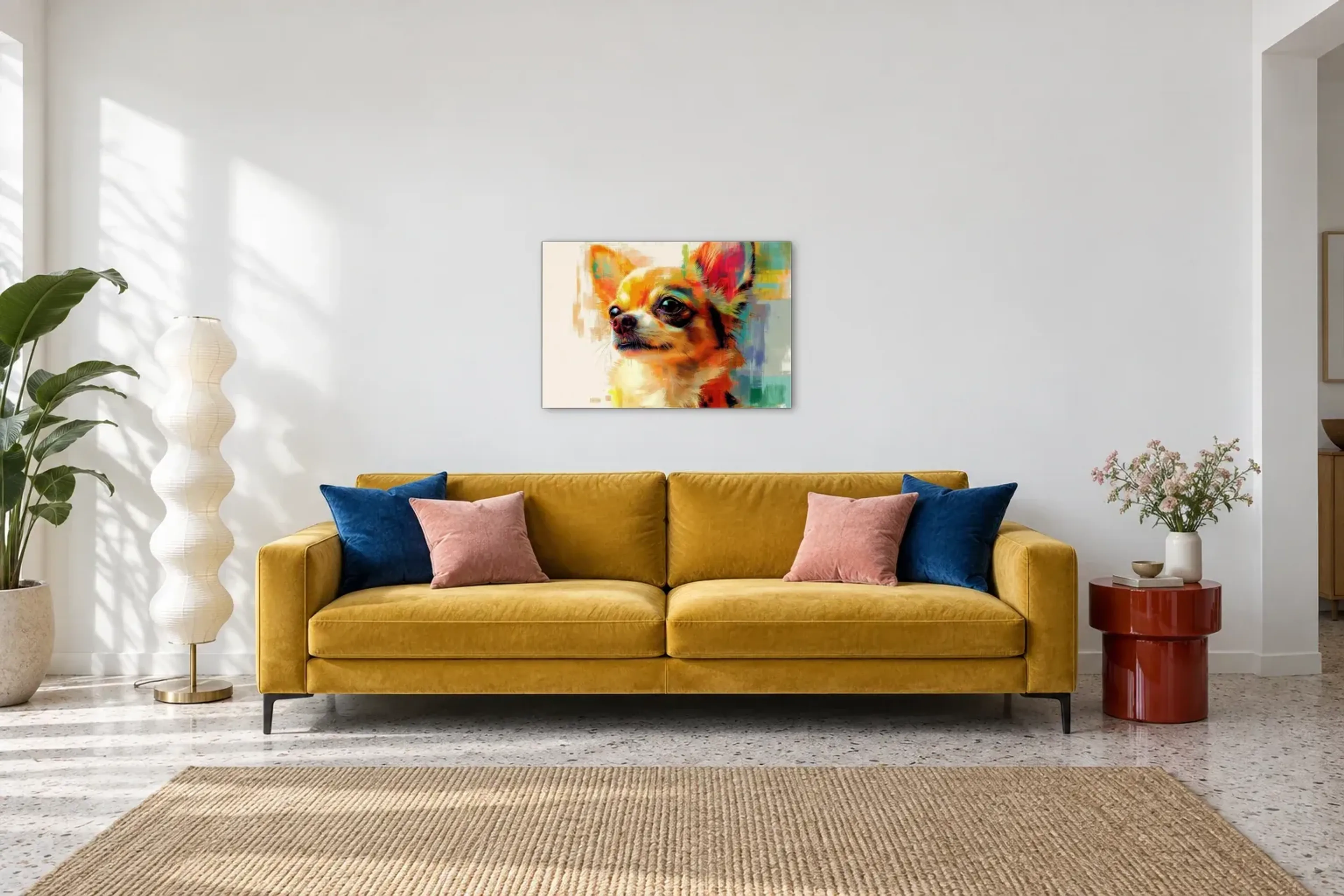 Langhaar Chihuahua als Wandbild über einem 220-cm-Sofa