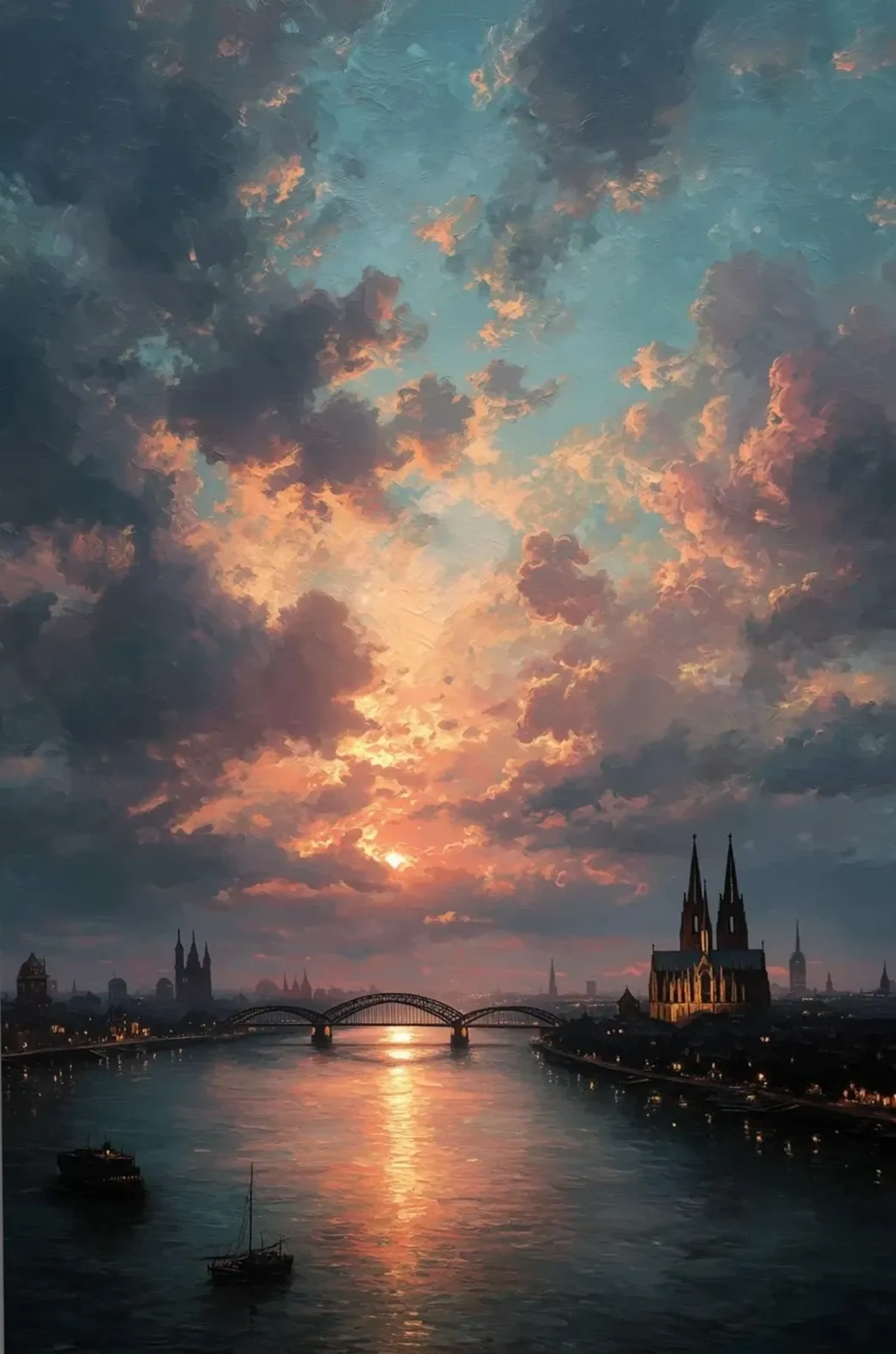 Goldenes Abendlicht über dem Rhein mit Booten, Bogenbrücke und Kölner Stadtsilhouette unter weiten Wolken.