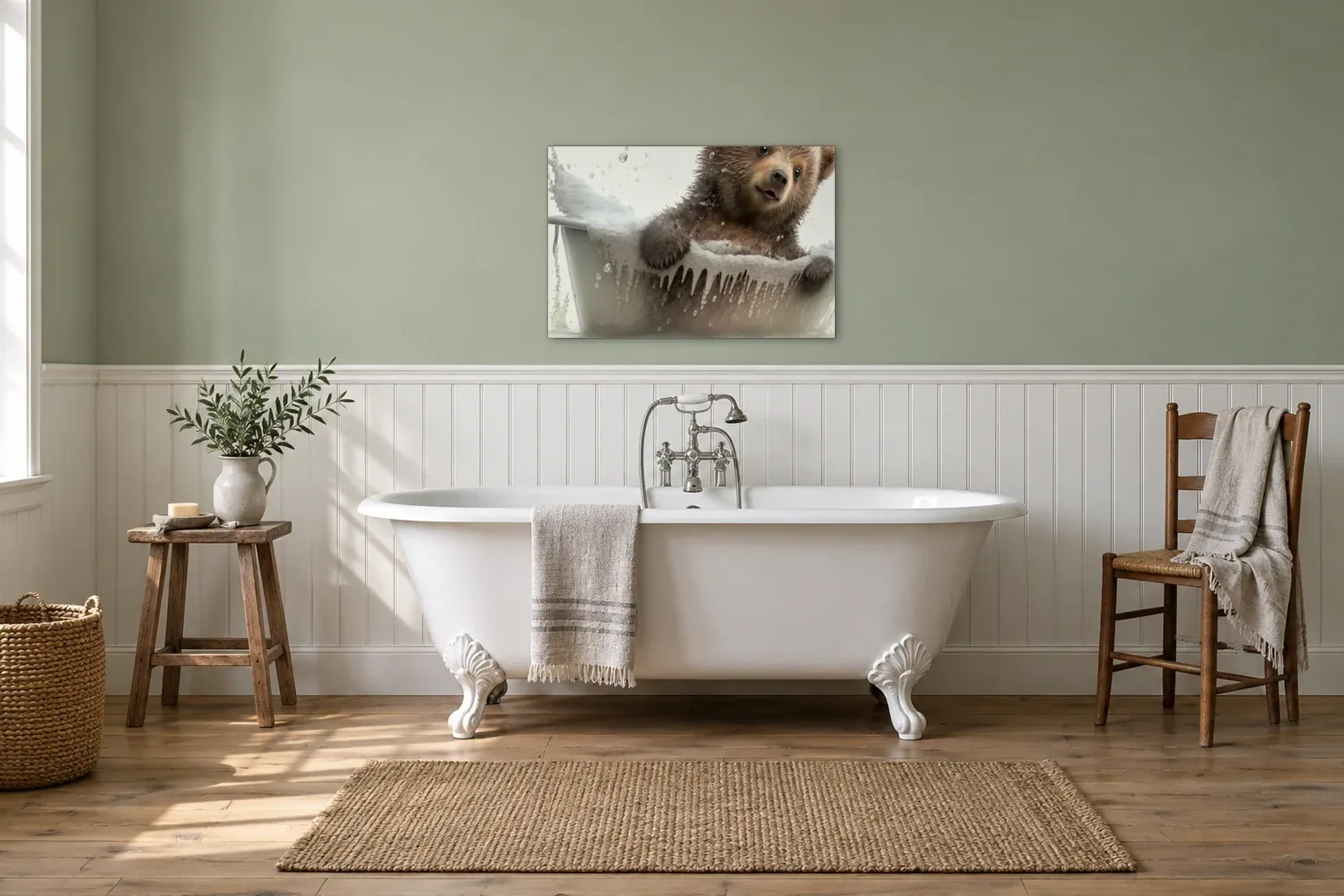 Bär im Schaumbad als Wandbild über einer 170-cm-Badewanne