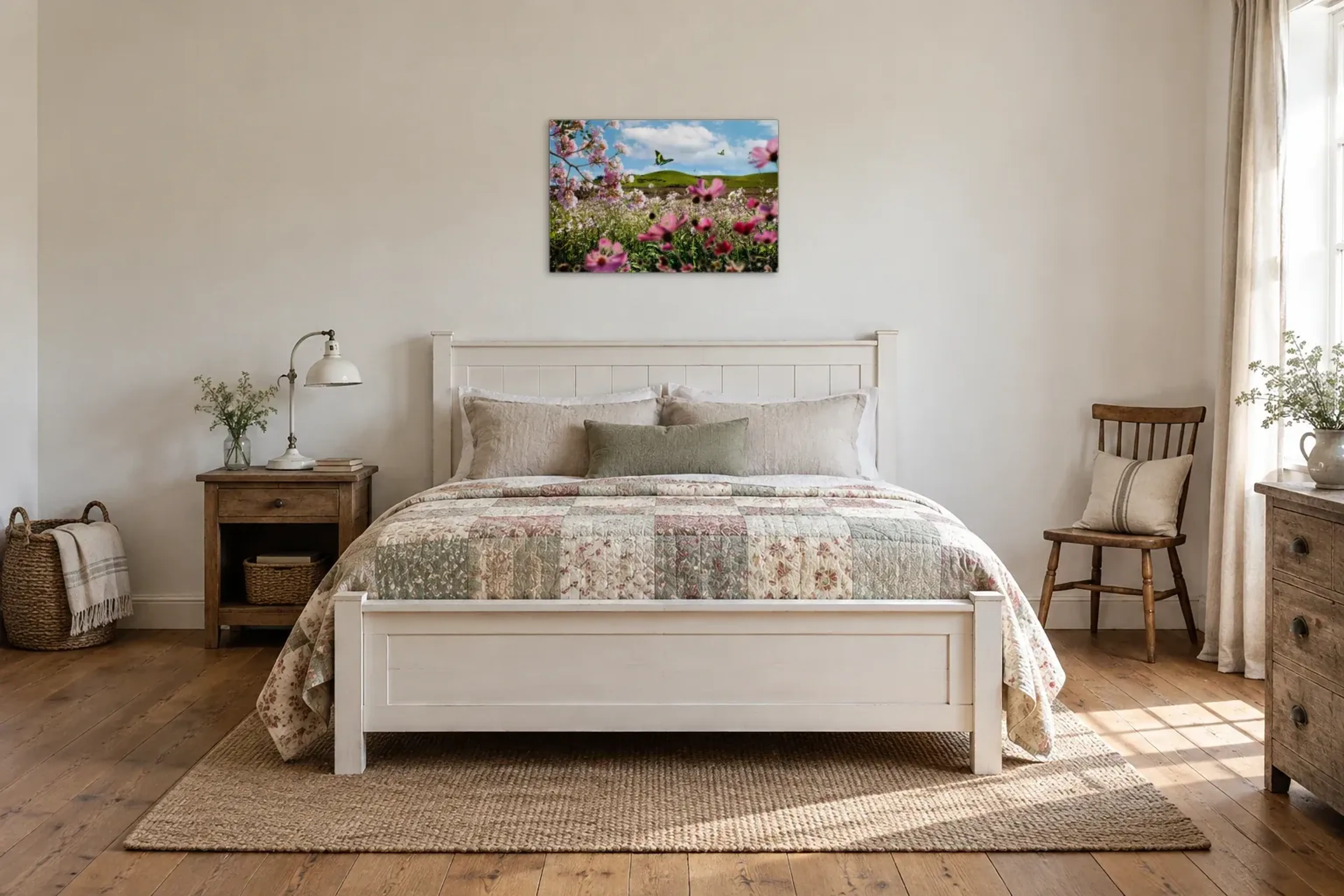 Rosa Blüten und Schmetterlinge als Wandbild über einem 160-cm-Bett