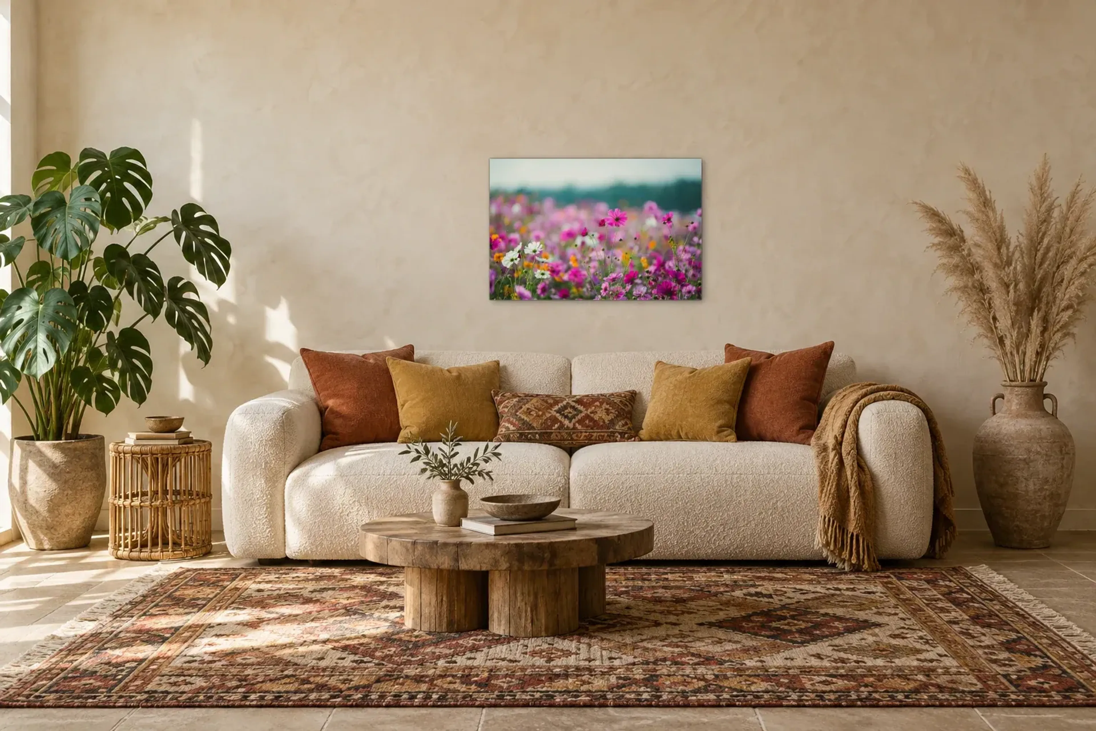 Bunte Blumenwiese als Wandbild über einem 220-cm-Sofa