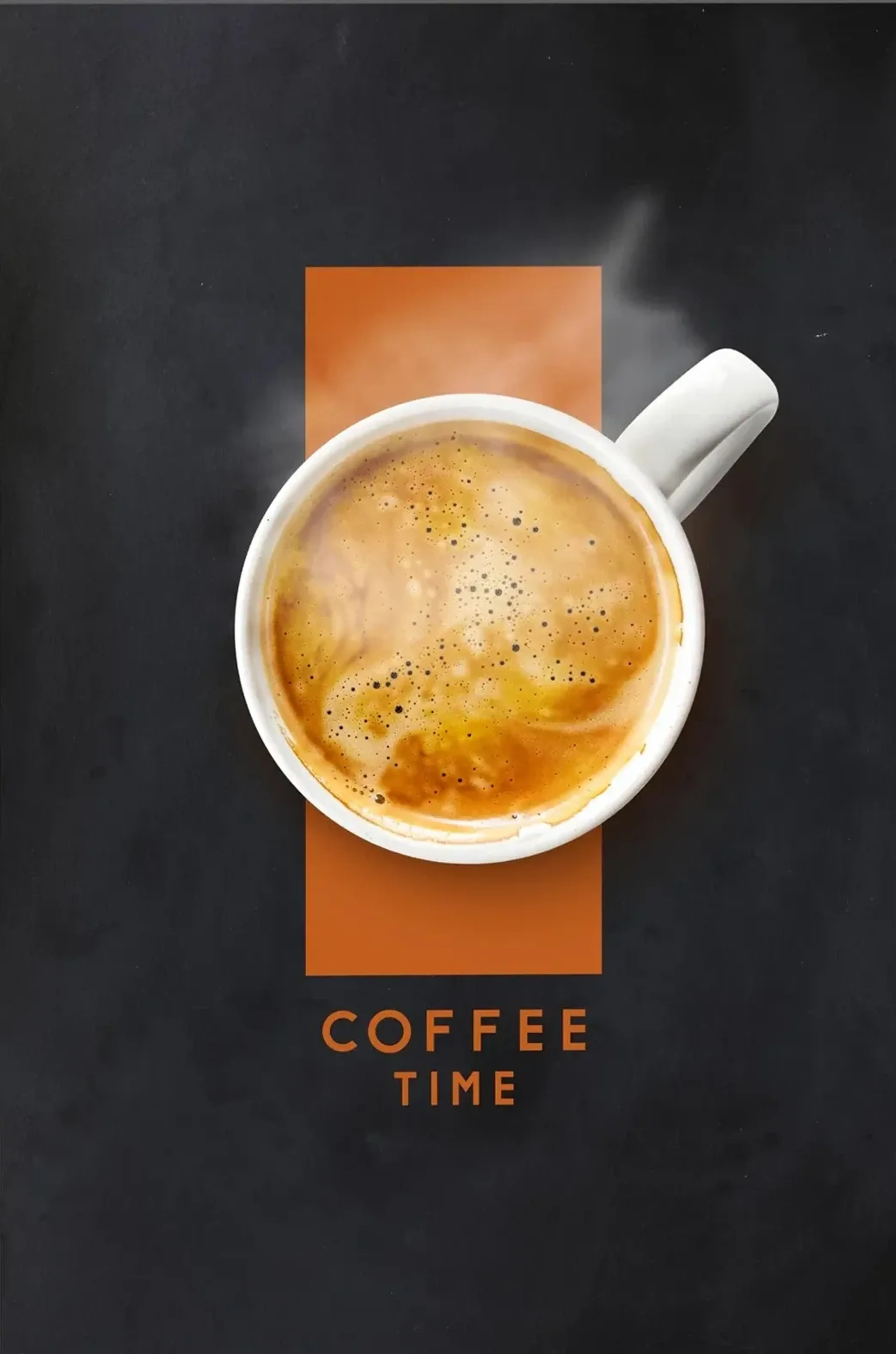 Weiße Tasse mit goldbraunem Kaffee und Dampf vor dunklem Grund, orangefarbenem Rechteck und Schriftzug „COFFEE TIME“.