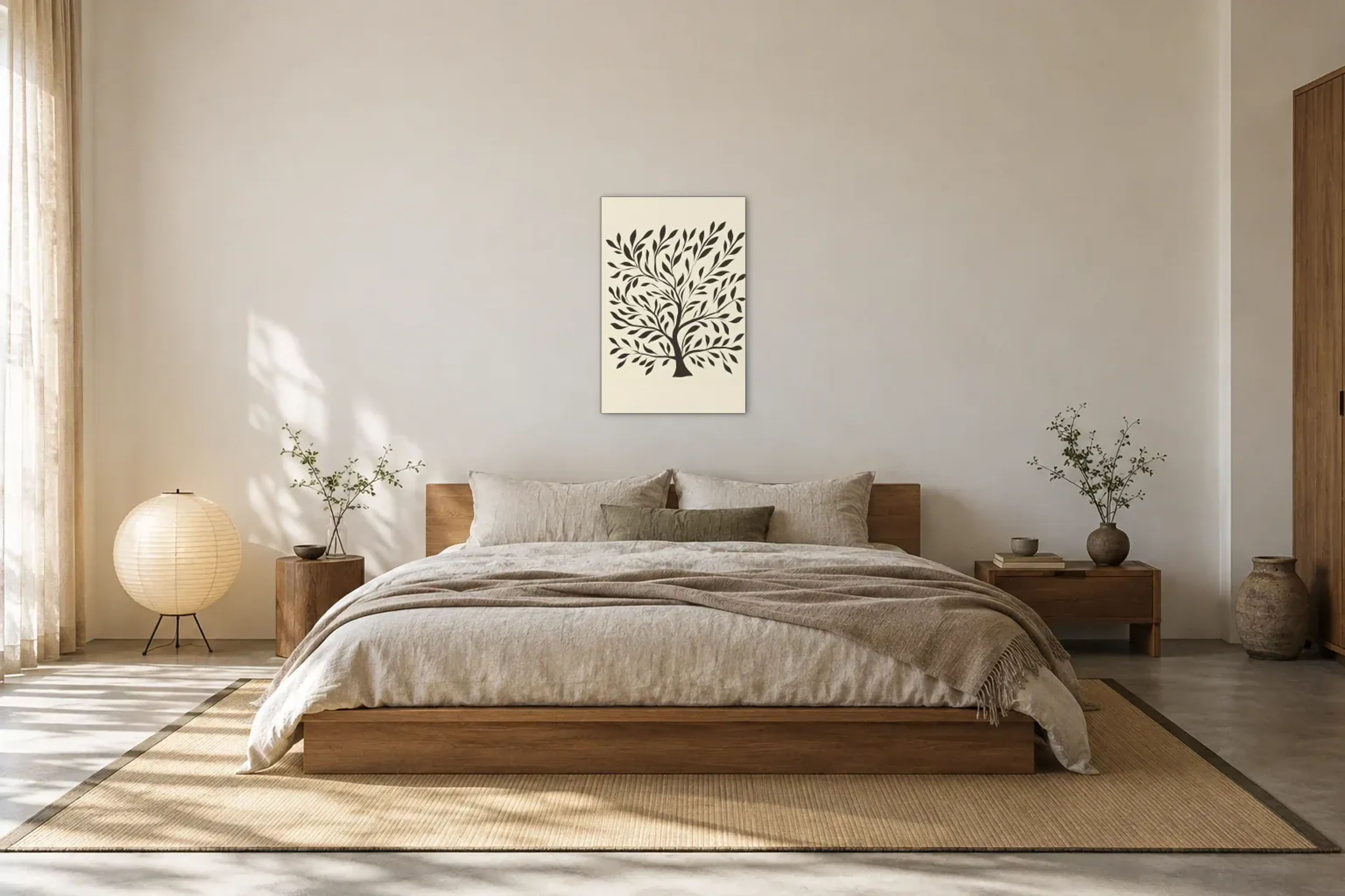 Baum in Silhouette als Wandbild über einem 180-cm-Bett
