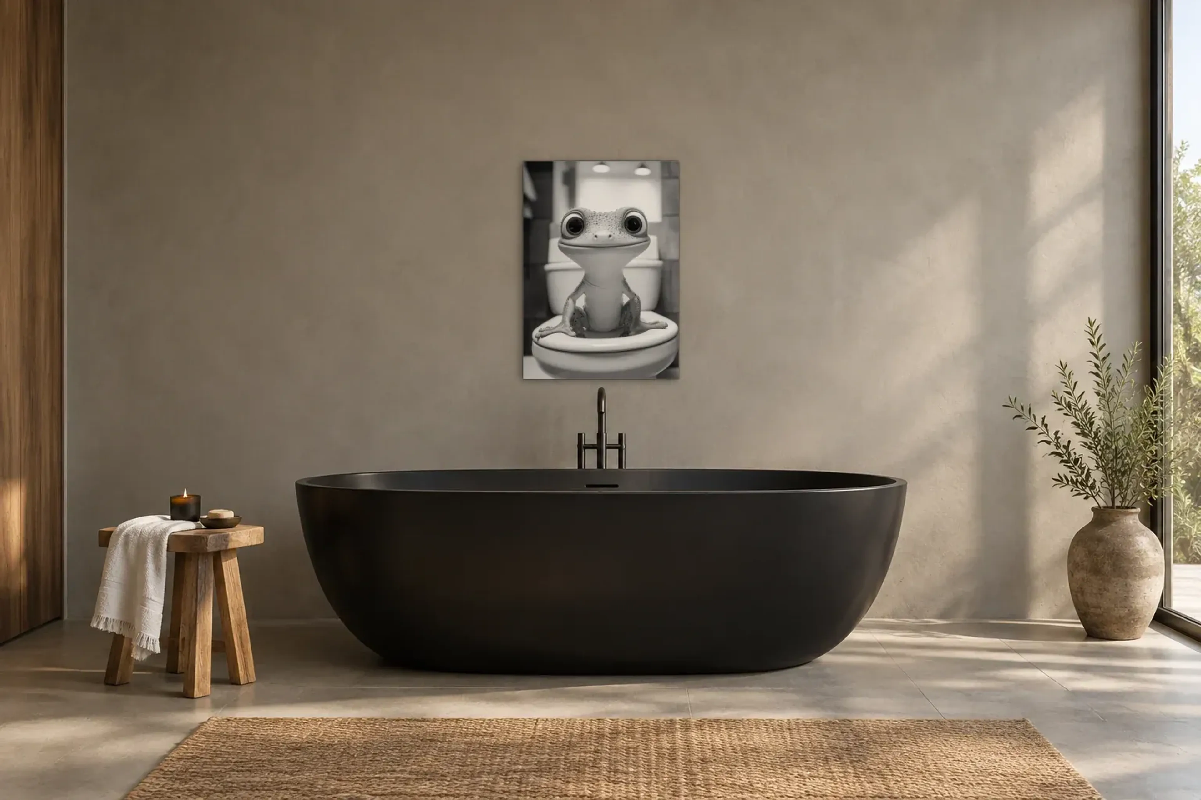 Gecko mit Kulleraugen als Wandbild über einer 170-cm-Badewanne