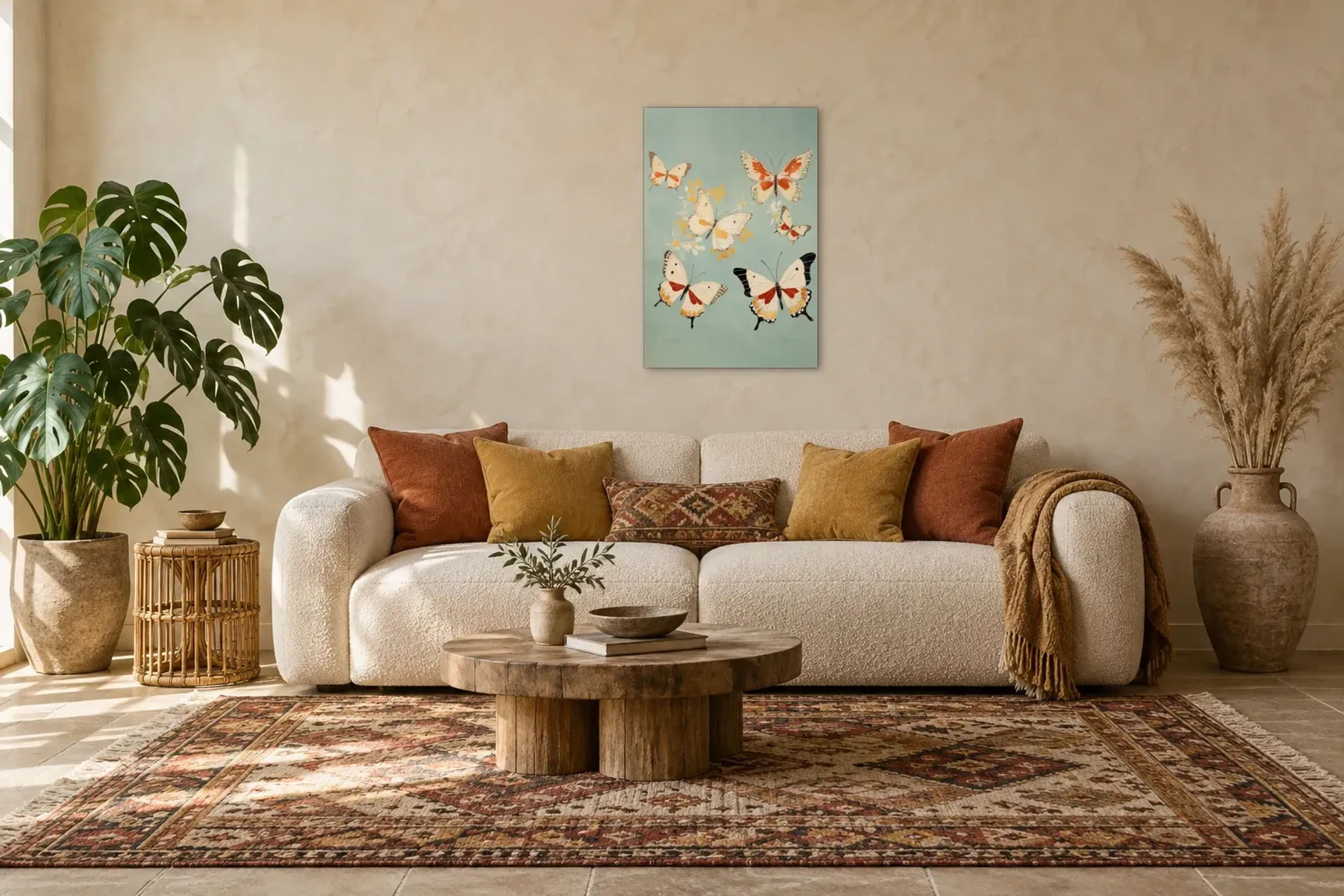 Schmetterlinge auf Salbeigrün als Wandbild über einem 220-cm-Sofa