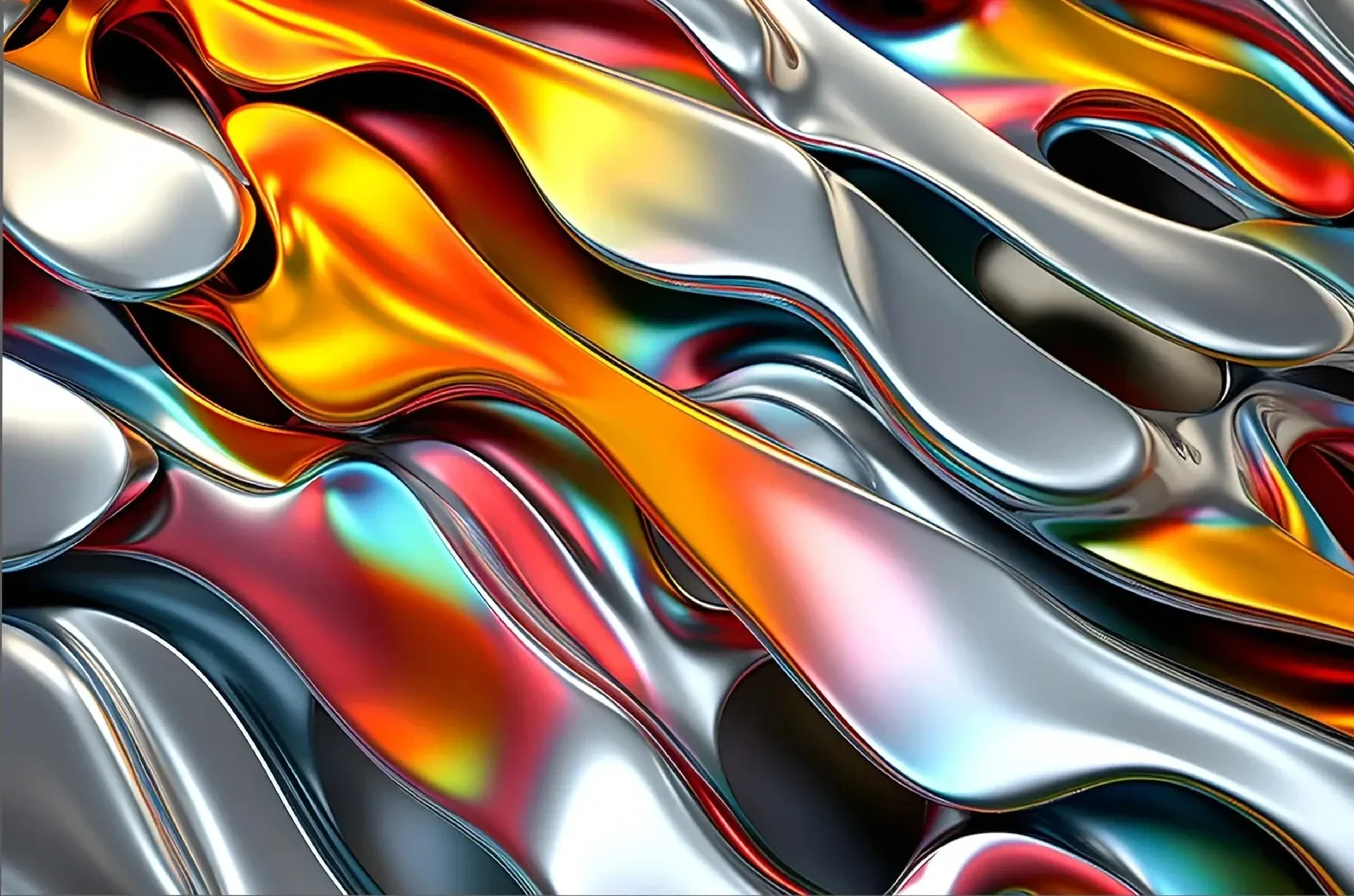 Fließende, metallisch glänzende Formen mit silbernen, gelben, orangefarbenen, roten und türkisblauen Reflexen.