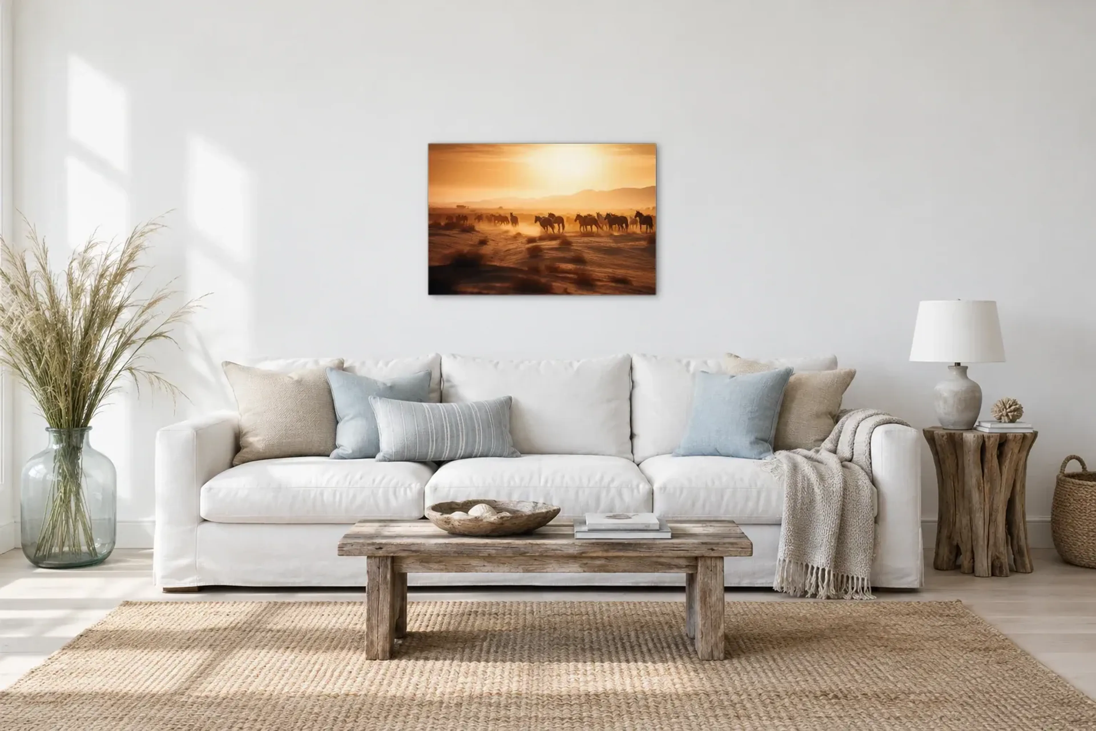 Pferde im goldenen Staub als Wandbild über einem 220-cm-Sofa