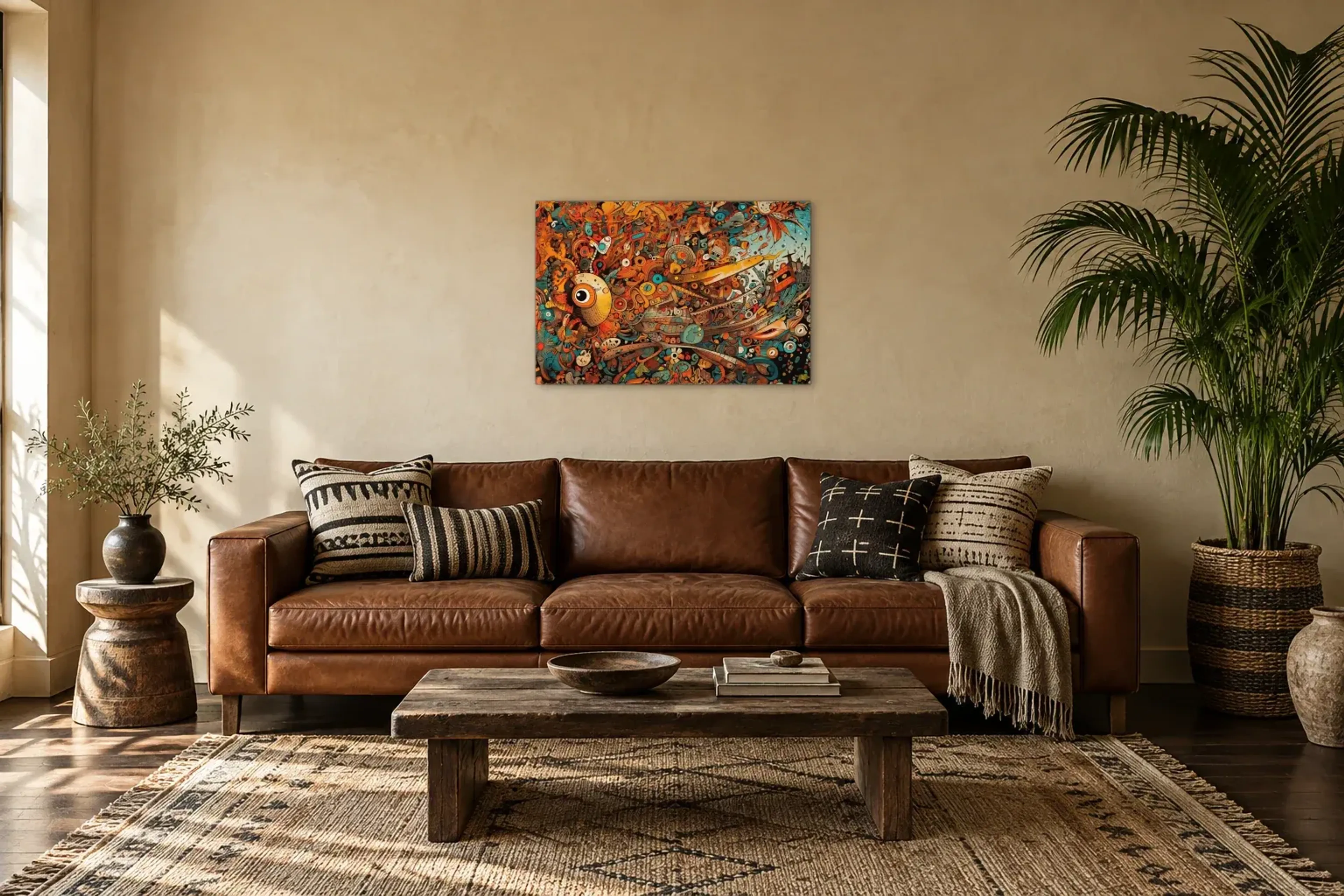 Wirbel der Fantasiewesen als Wandbild über einem 220-cm-Sofa