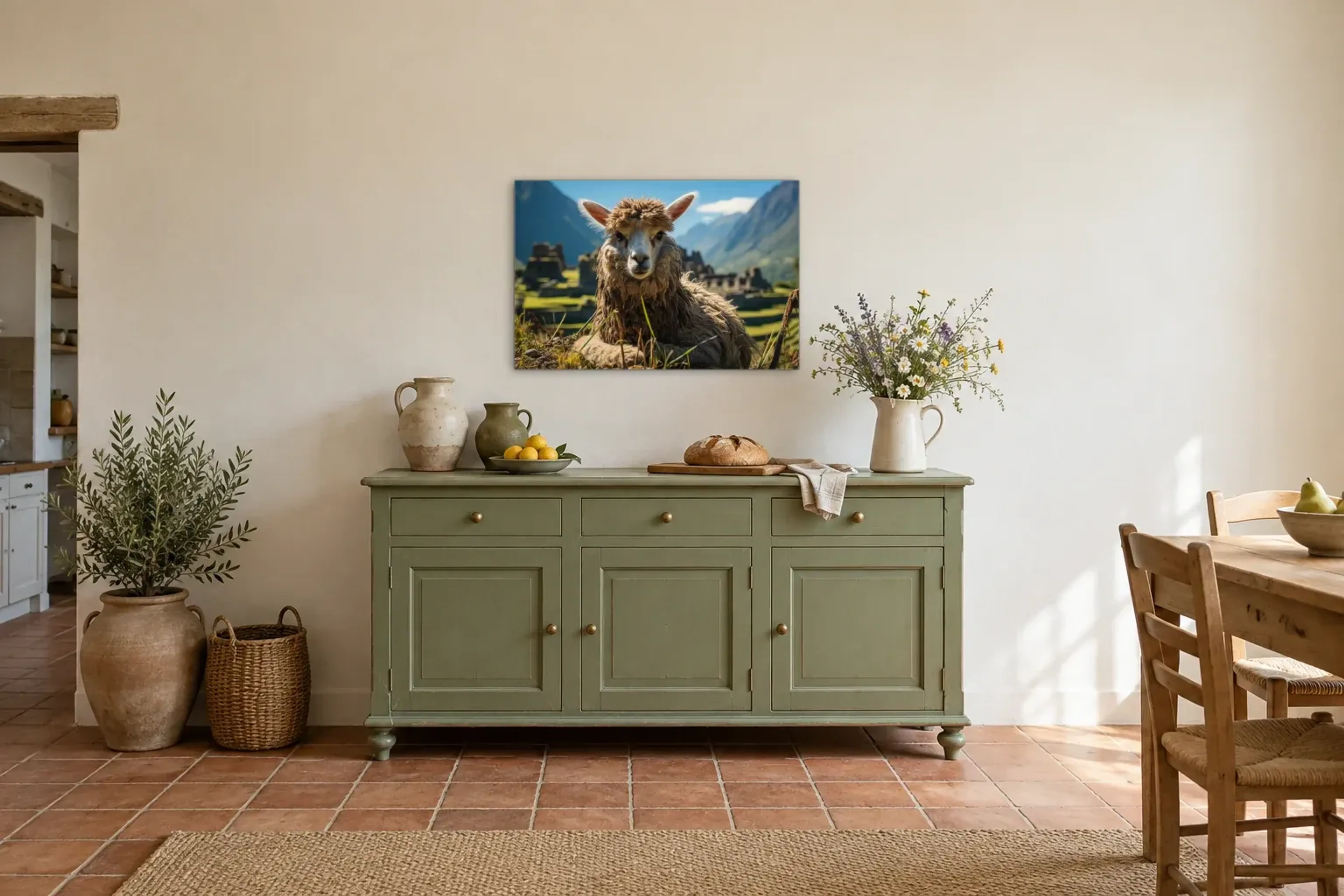 Lama vor alten Mauern als Wandbild über einer 160-cm-Anrichte