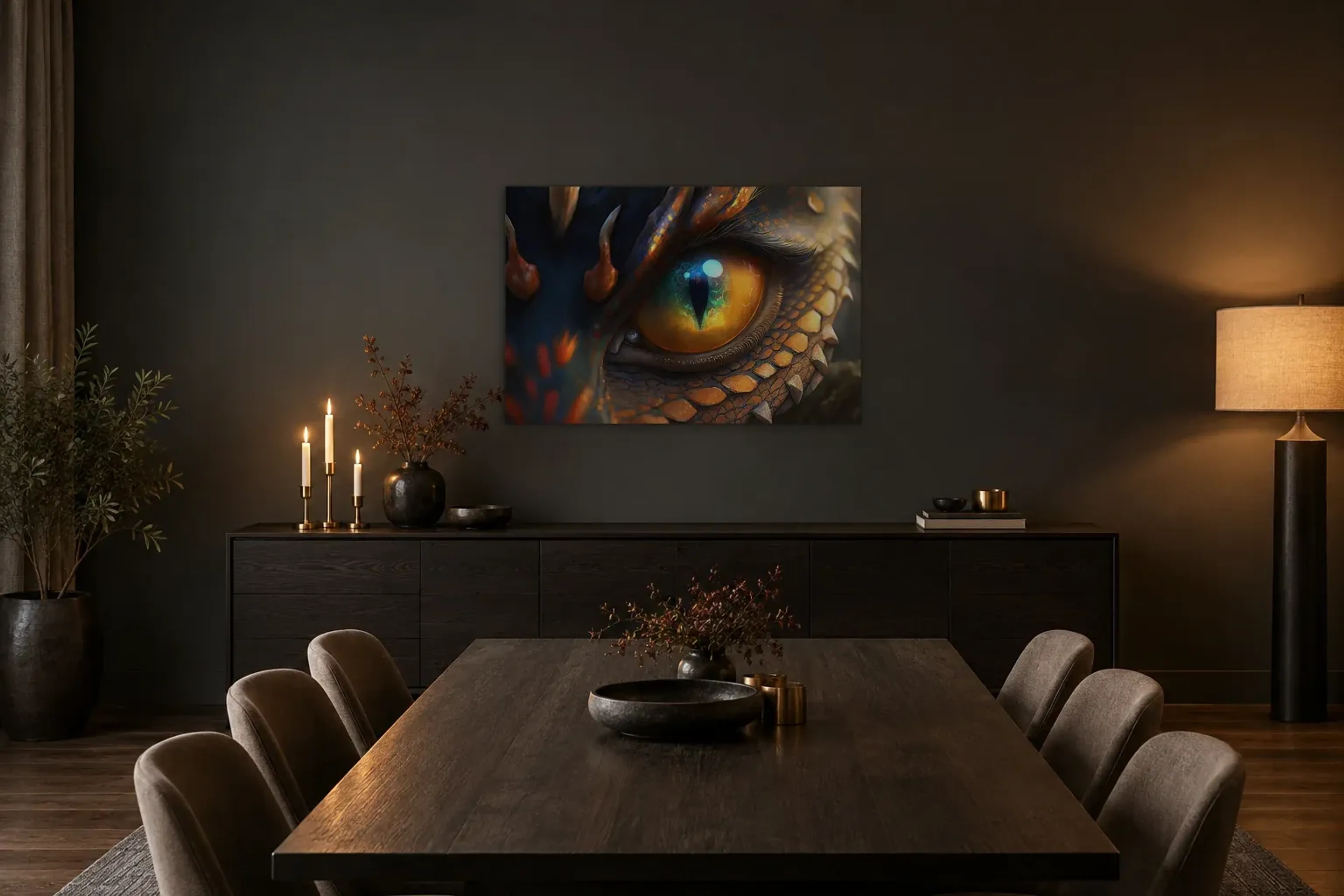 Goldenes Drachenauge als Wandbild über einem 180-cm-Sideboard