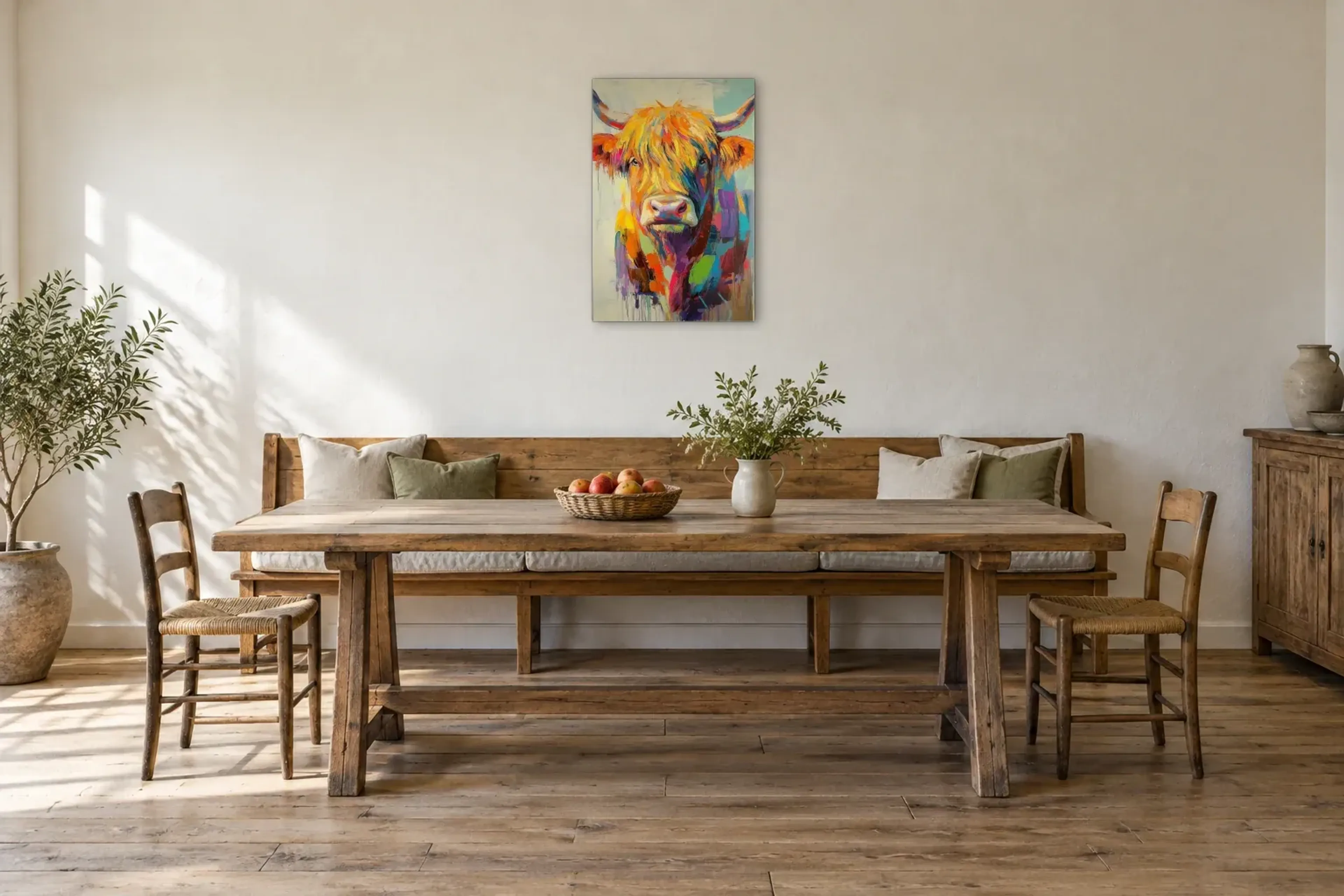 Hochlandrind in bunten Pinselstrichen als Wandbild über einer 200-cm-Sitzbank