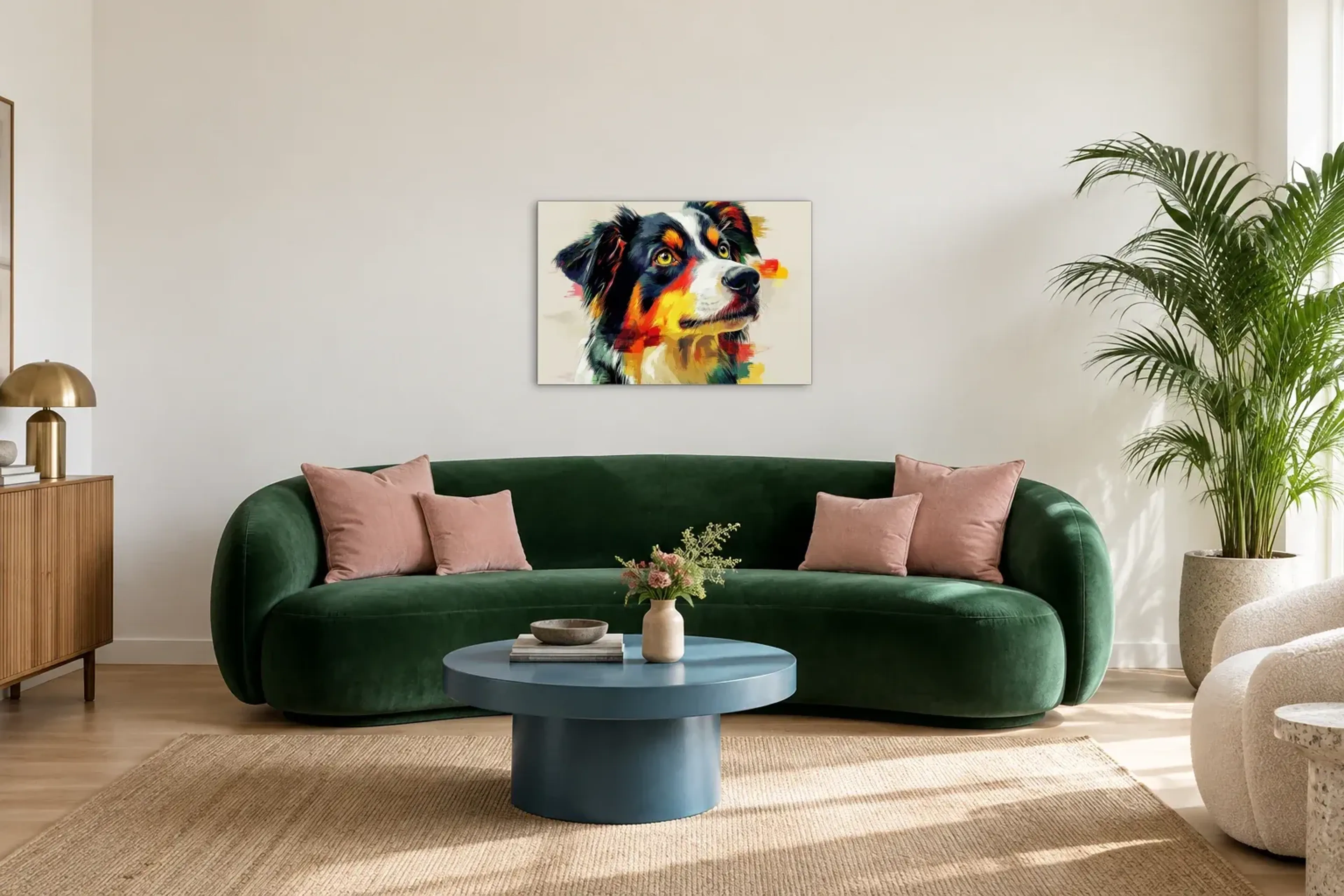 Australian Shepherd im Seitenblick als Wandbild über einem 220-cm-Sofa