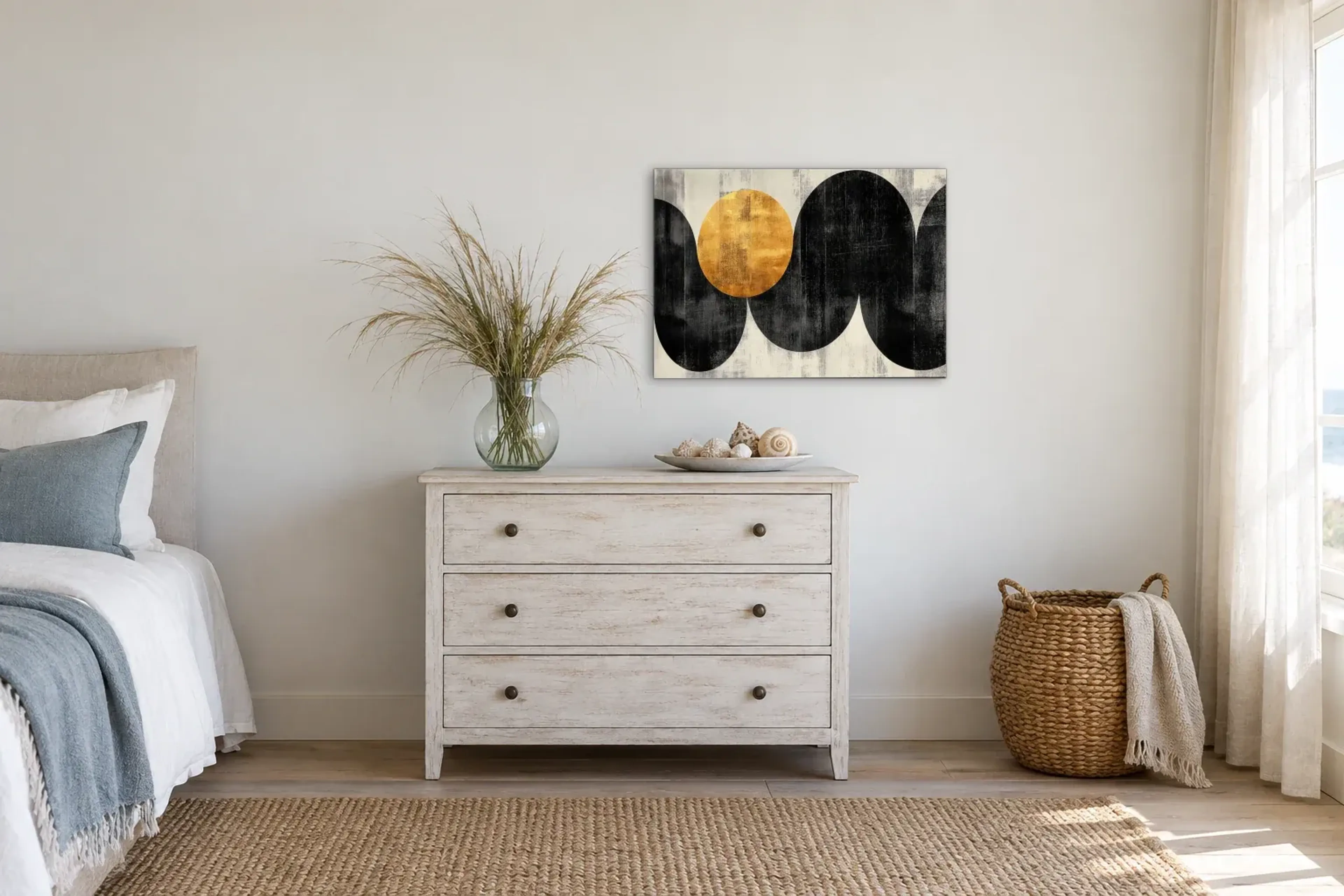 Goldkreis über Wellen als Wandbild über einer 90-cm-Kommode