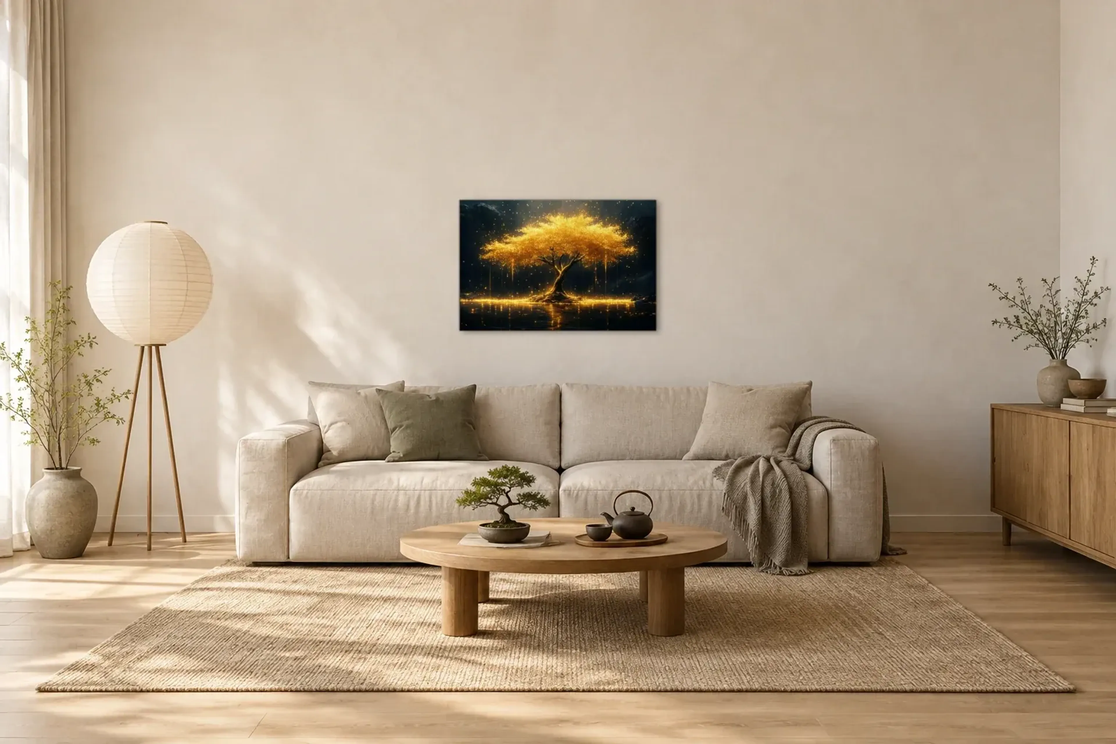 Glühende Krone als Wandbild über einem 220-cm-Sofa