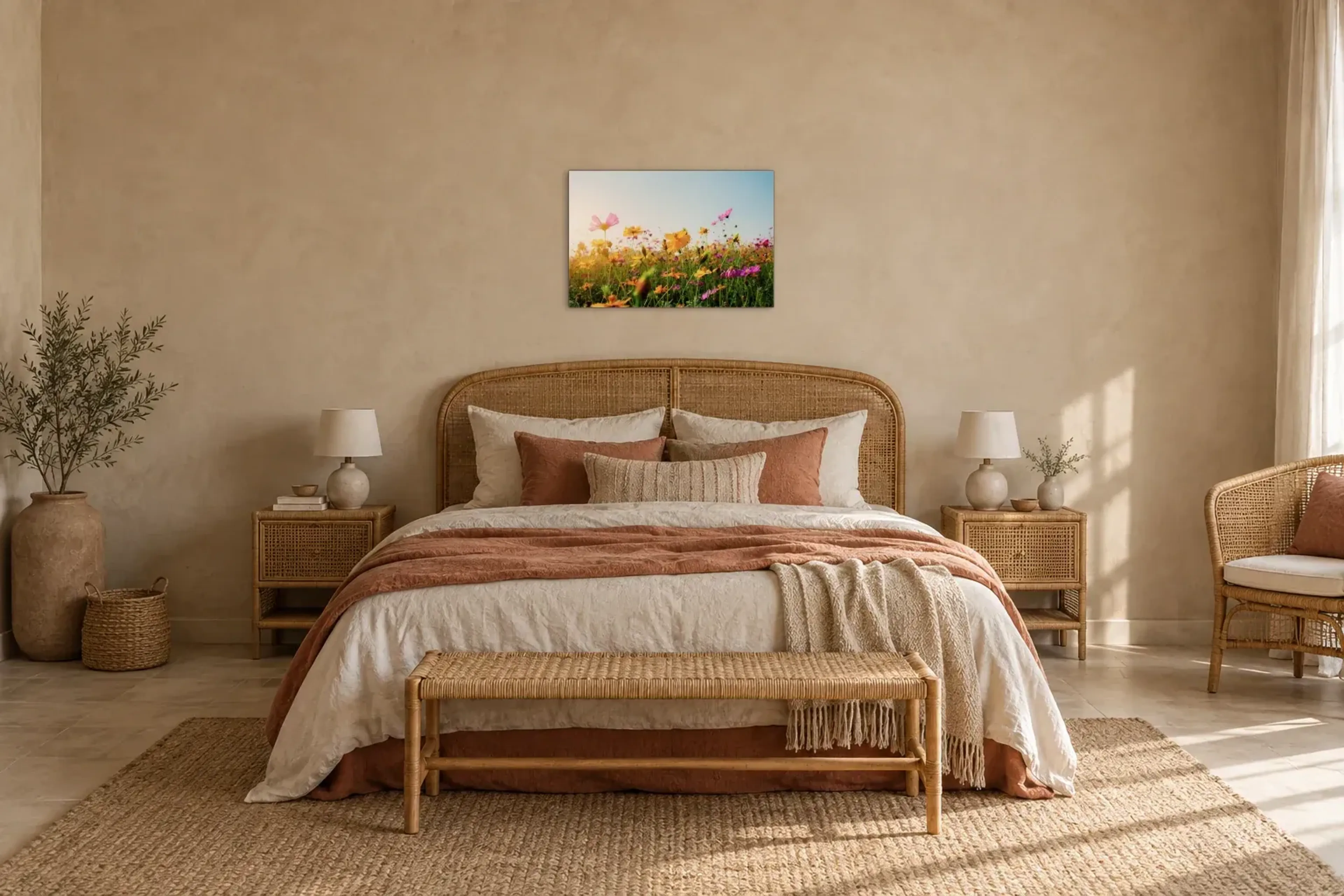 Gelbe Blumenwiese als Wandbild über einem 180-cm-Bett