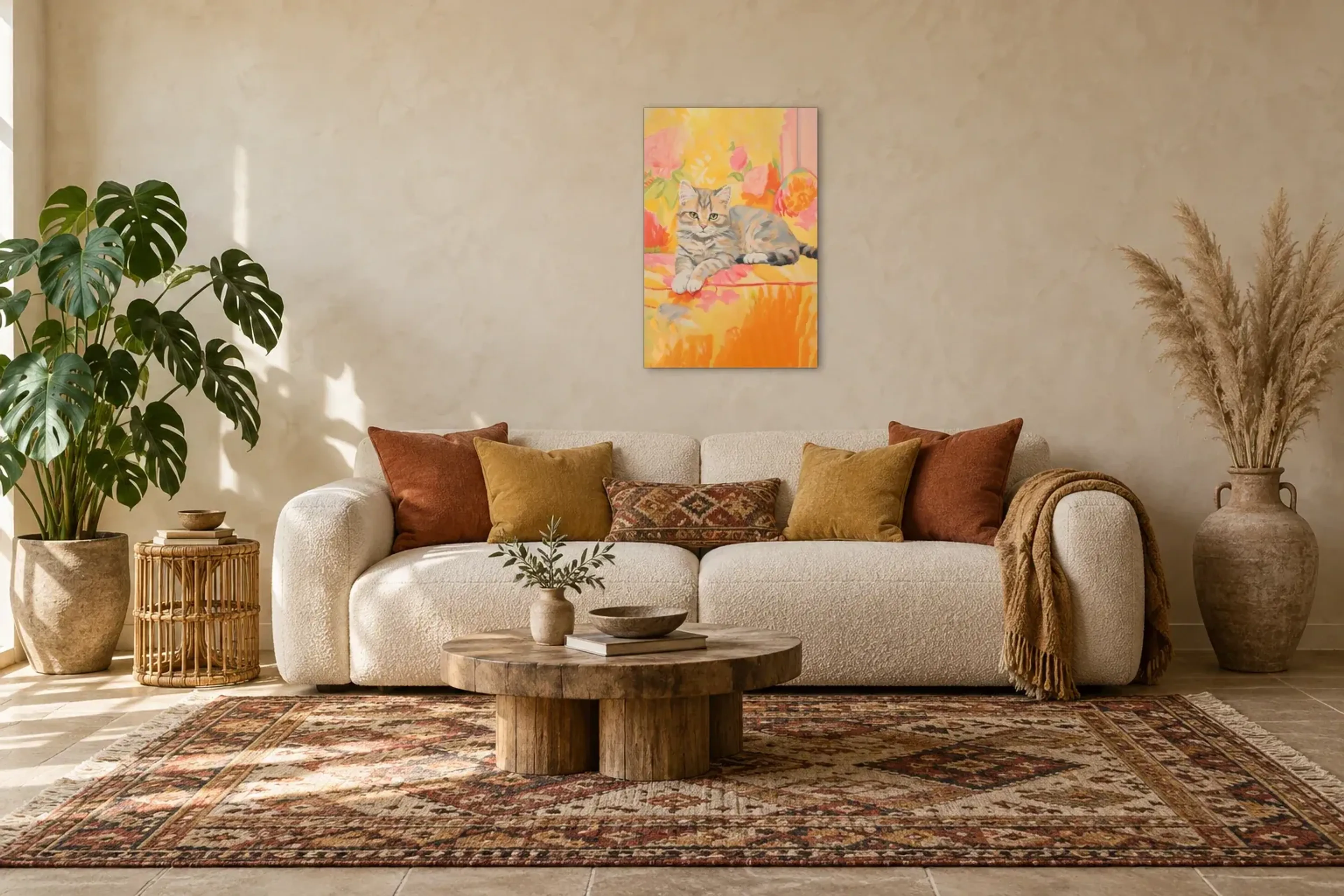 Kätzchen auf Blütenpolster als Wandbild über einem 220-cm-Sofa