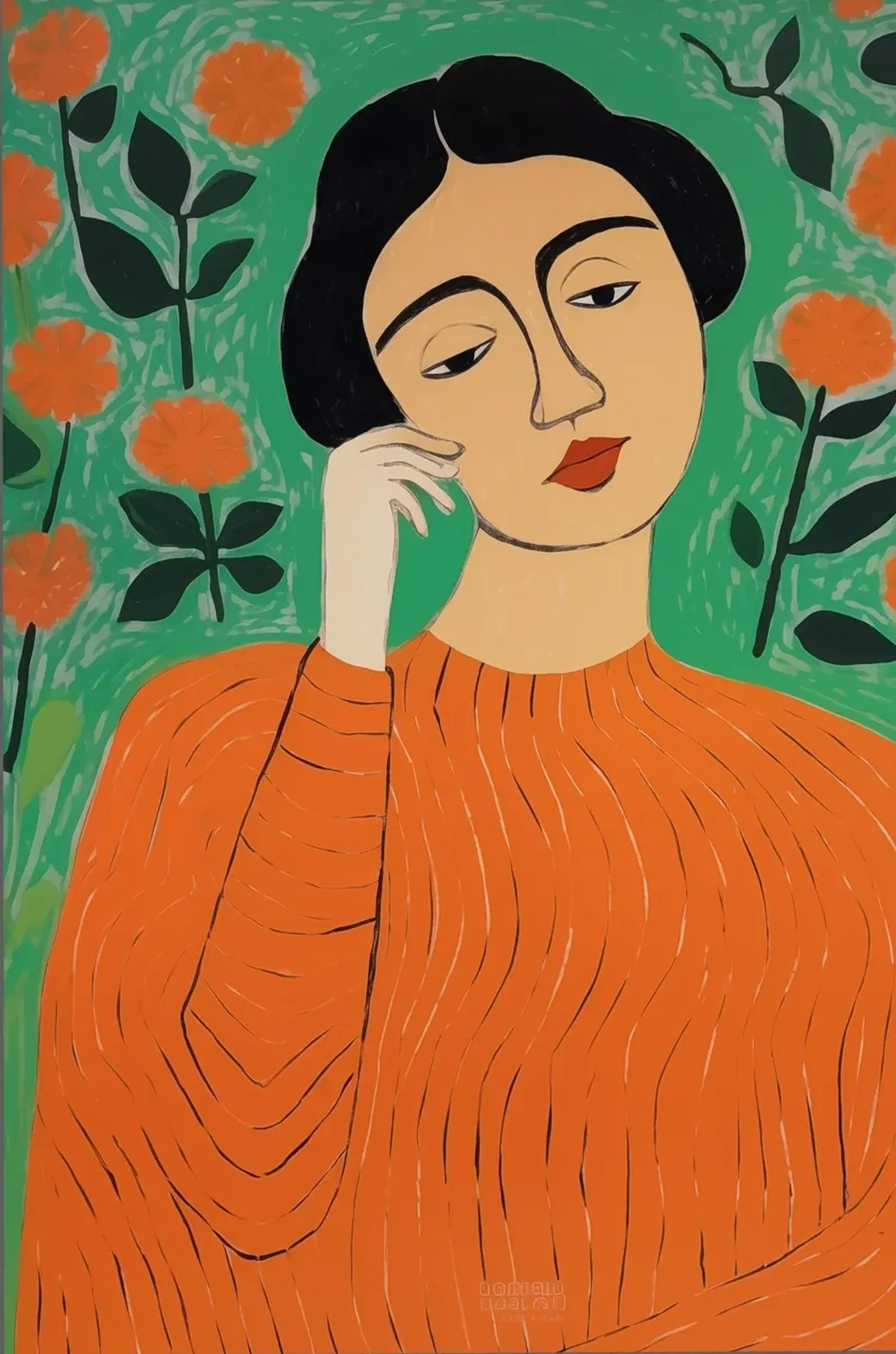 Eine Frau mit schwarzem Haar und orangefarbenem Oberteil hält die Hand an die Wange vor grünem Blumengrund.
