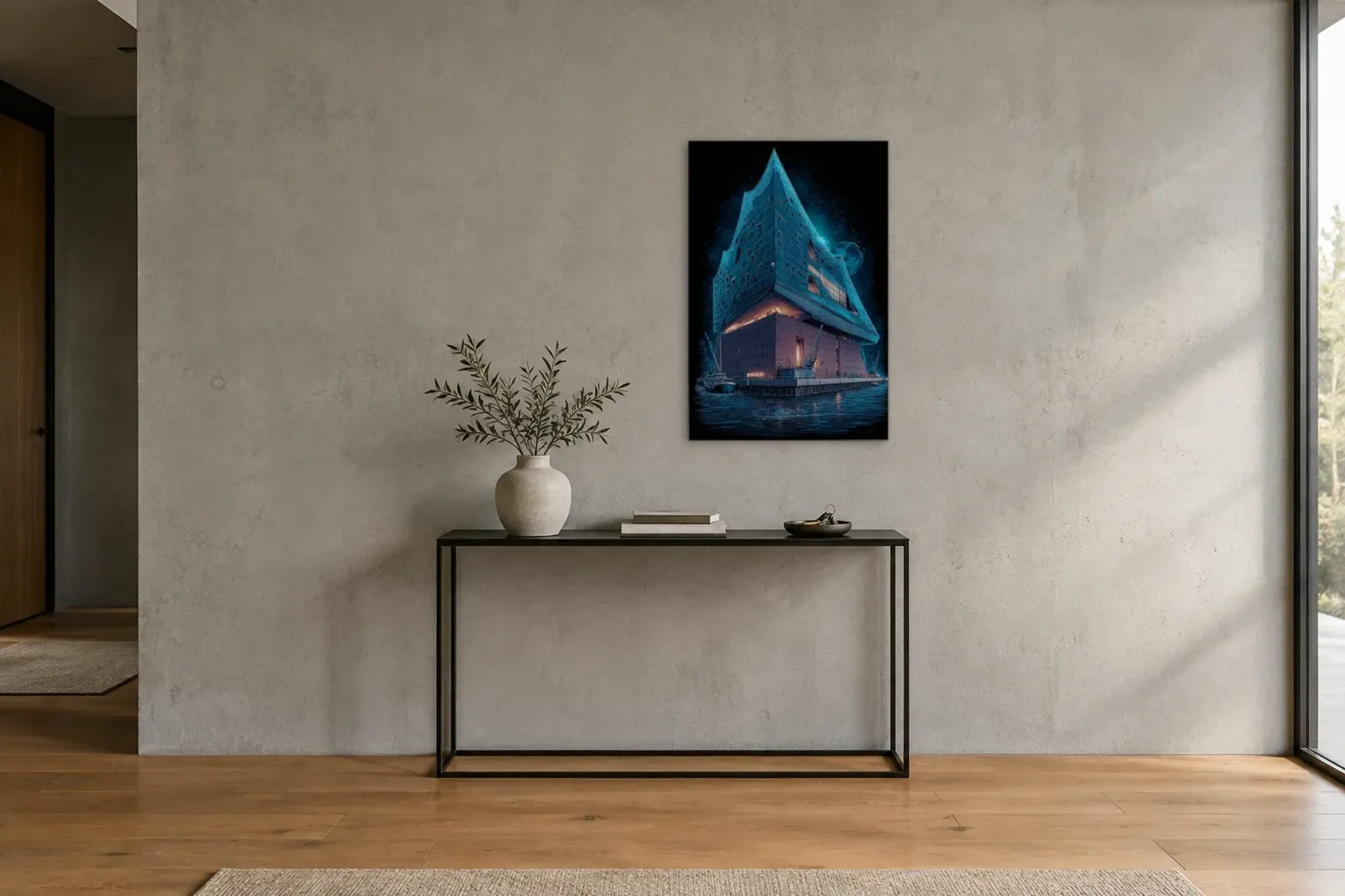Elbphilharmonie unter Sternen als Wandbild über einer 120-cm-Konsole