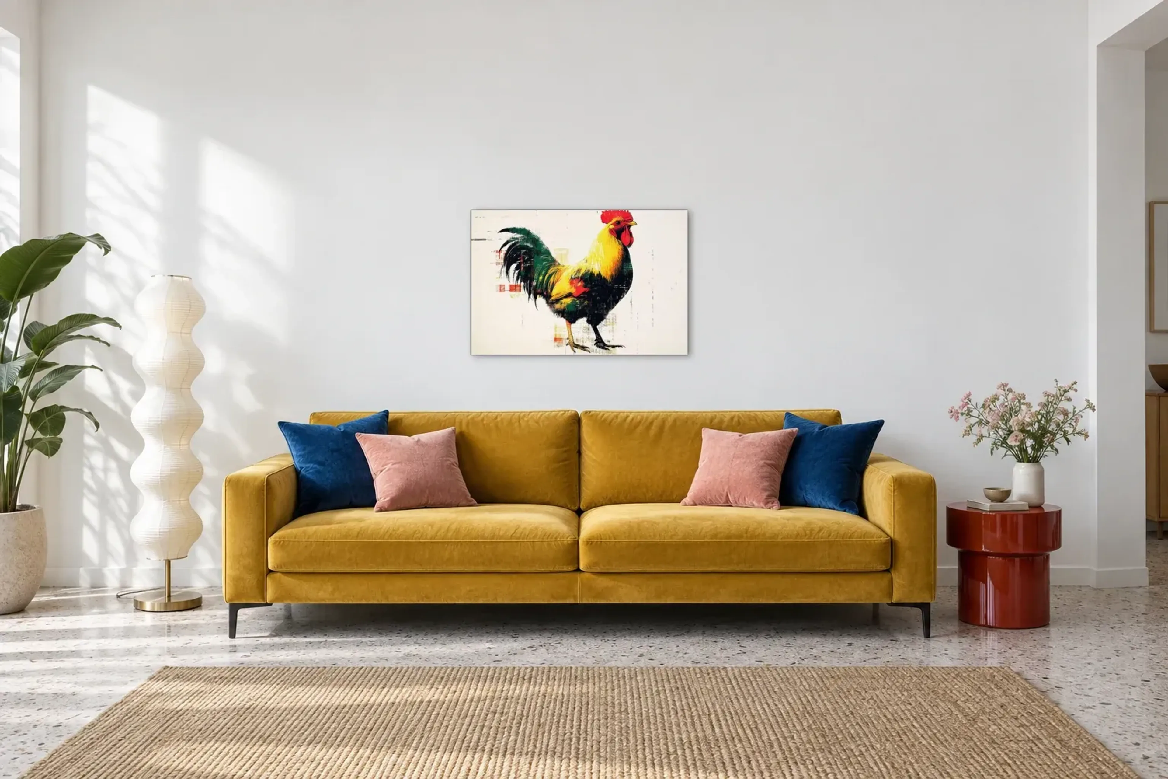 Hahn mit rotem Kamm als Wandbild über einem 220-cm-Sofa